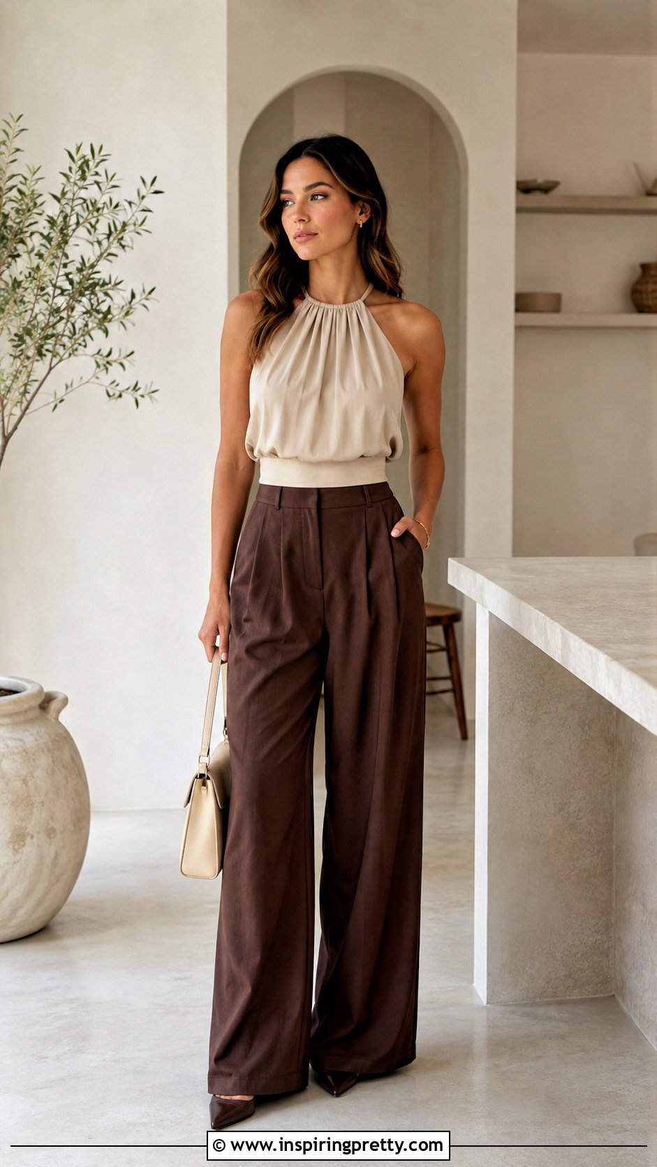 Beige Halter Top With Chocolate Trousers - 50 halter top outfit classy ideas