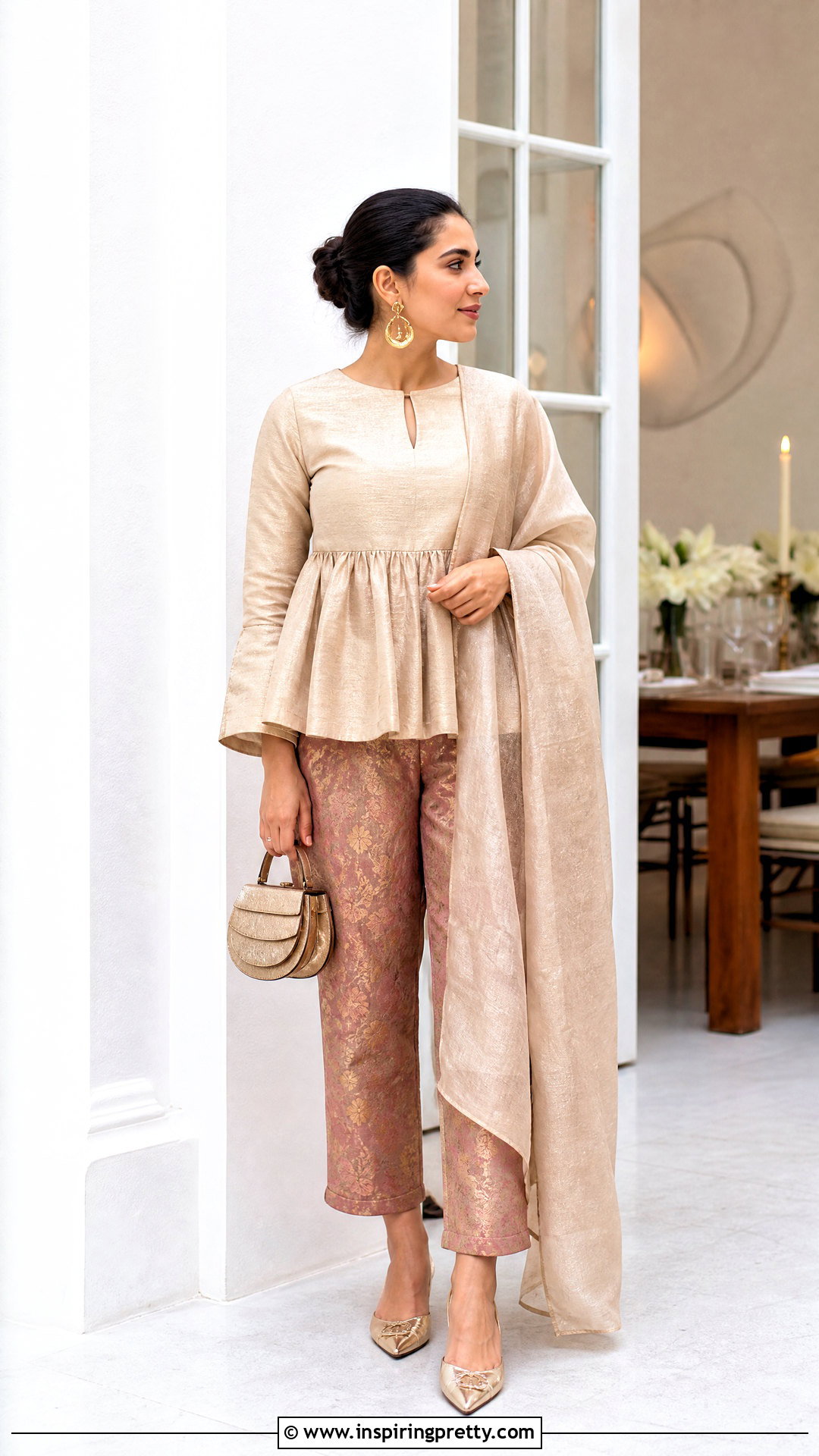Beige Indian Peplum Top With Brocade Pants - 50 indian peplum top outfits