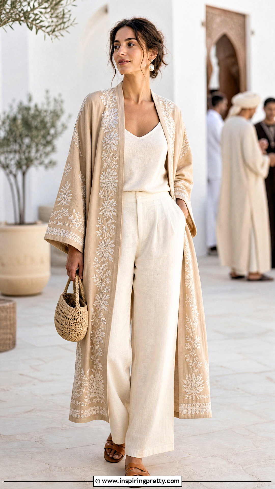 Beige Kimona Top With Ivory Linen Pants - 50 filipiniana top and pants
