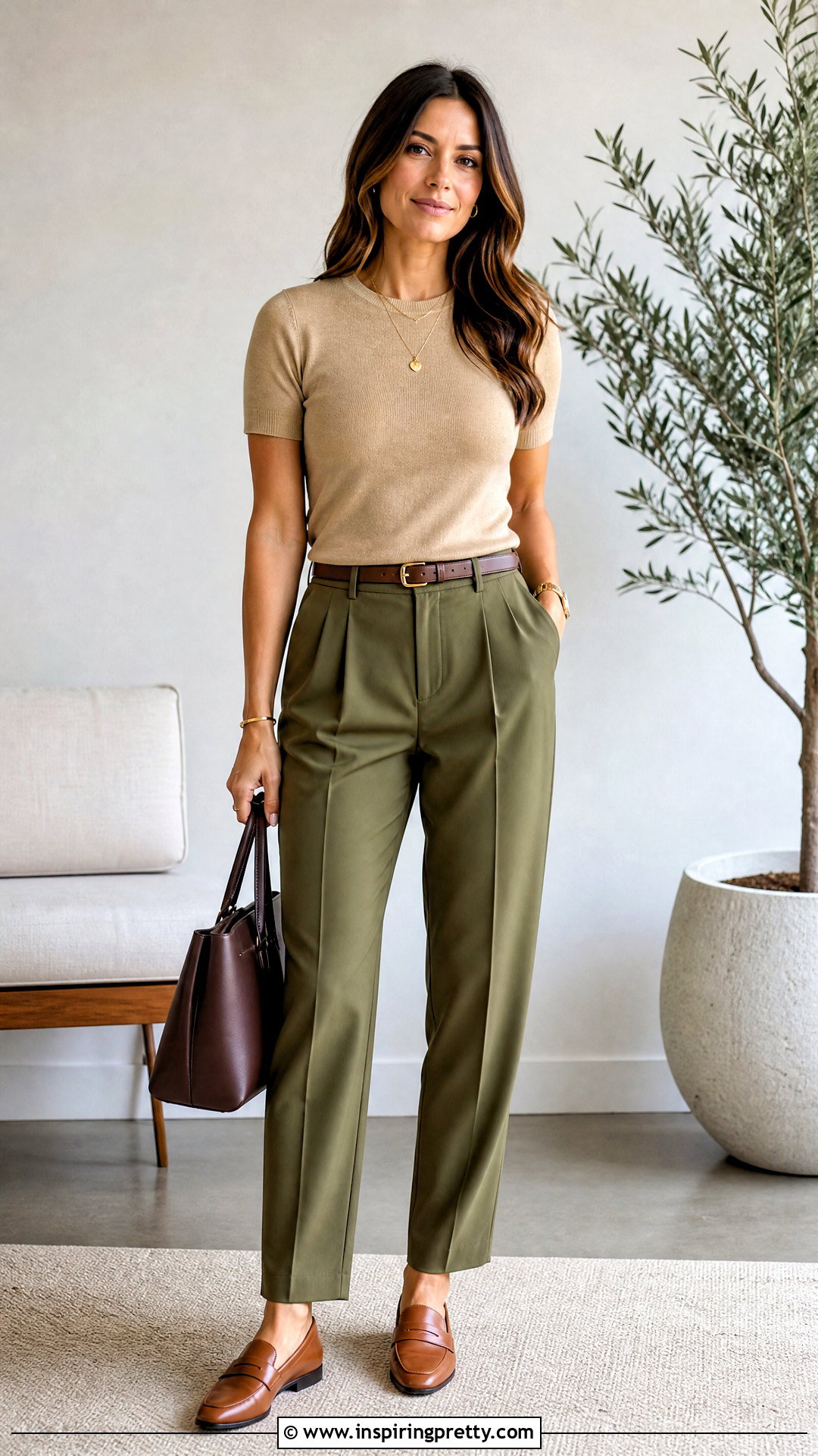 Beige Knit Top With Green Pants - What Top Goes With Green Pants (20 Ways)