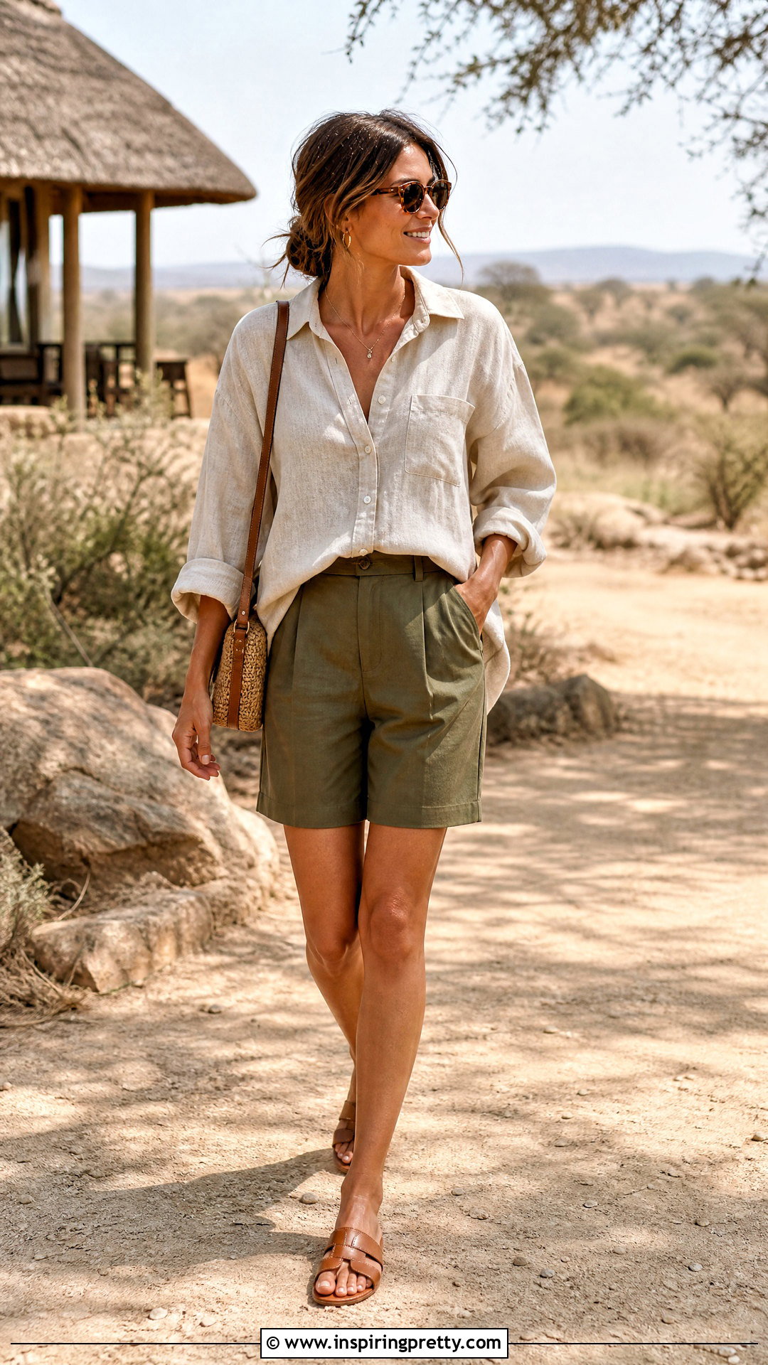 Beige Linen Safari Shirt With Olive Shorts - 25 safari tops for women