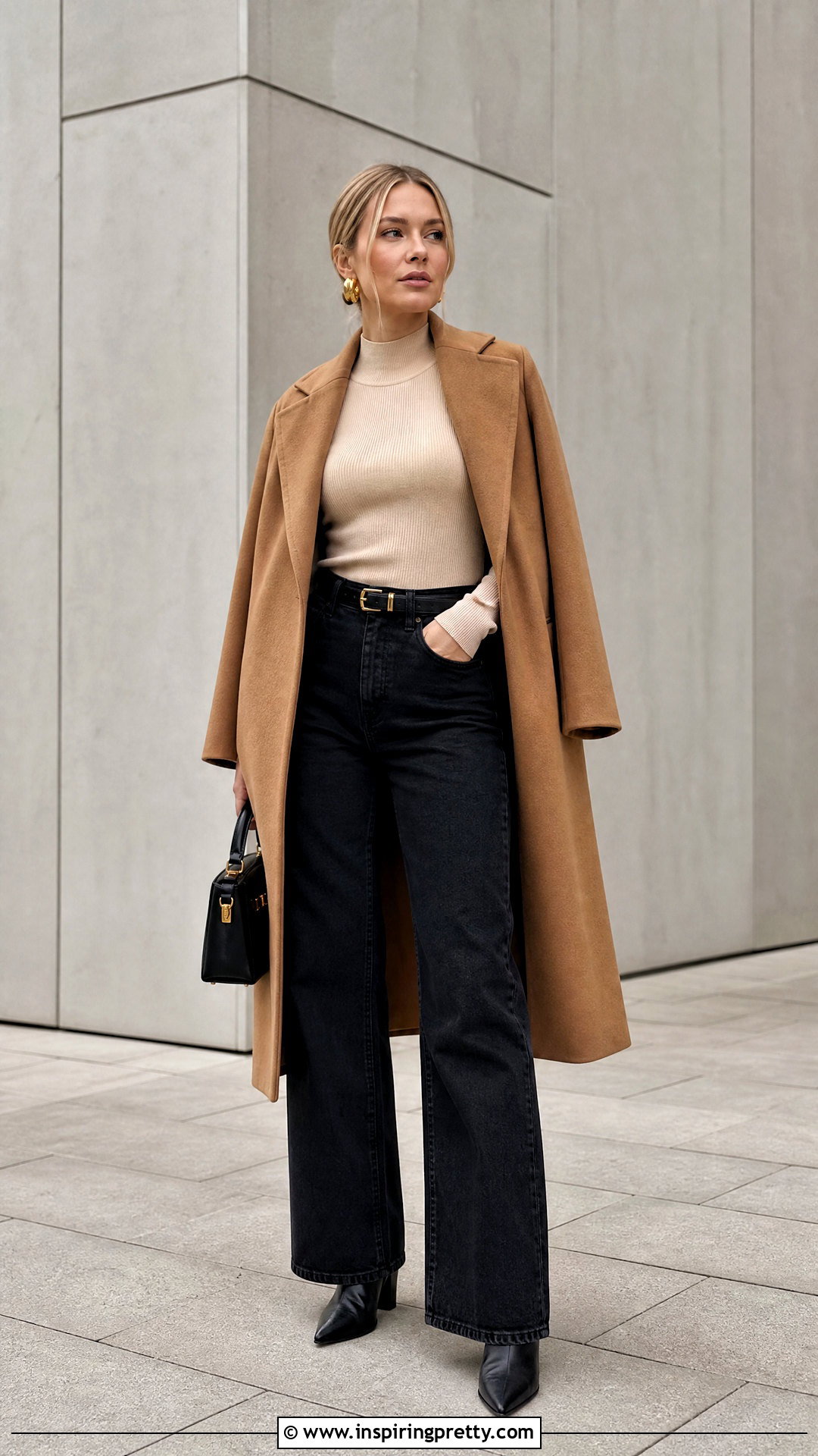 Beige Mock Neck Top With Black Jeans - 50 beige top and jeans outfit ideas
