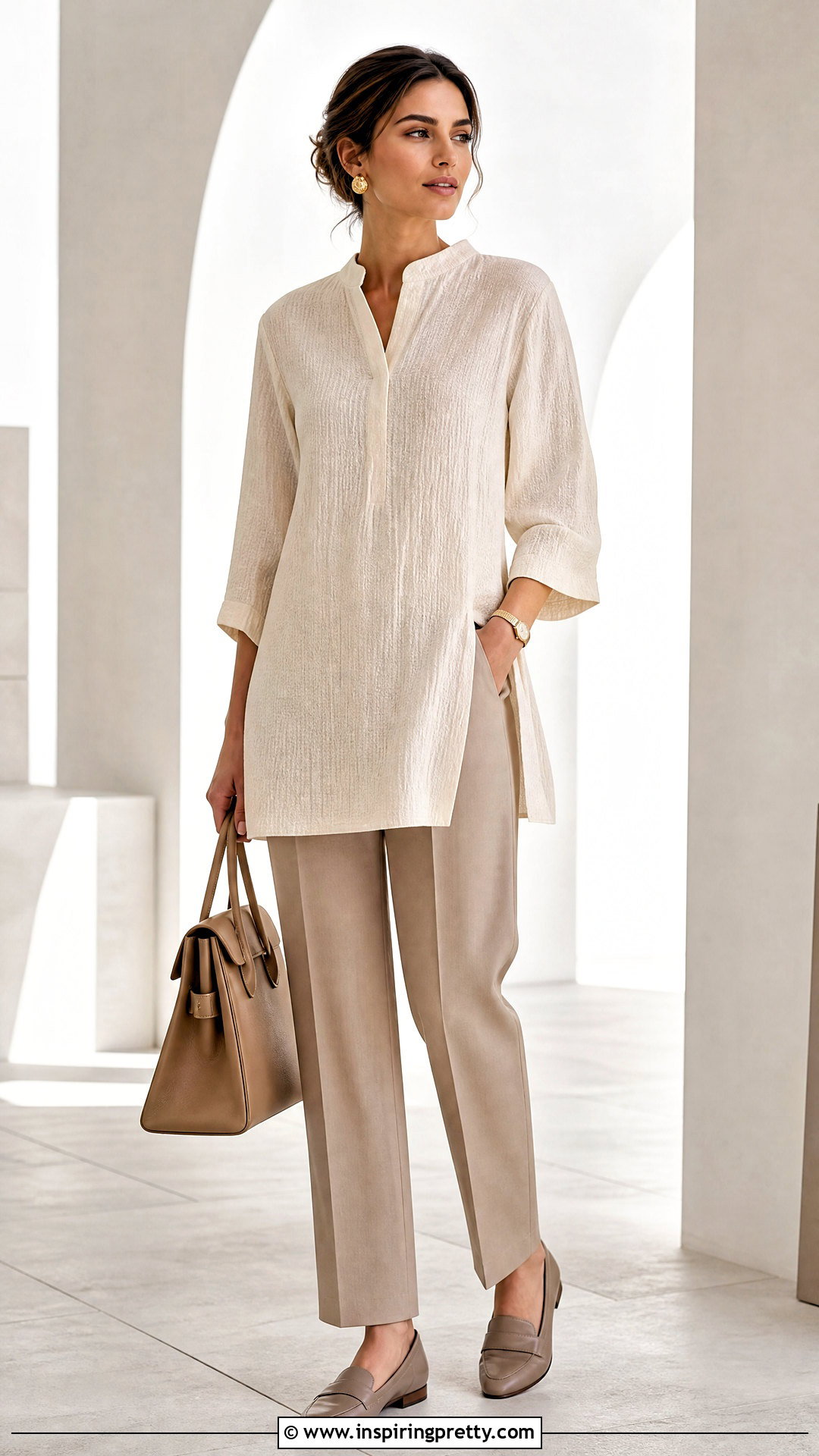 Beige Monochrome Tunic Outfit - 50 tunic tops outfit ideas