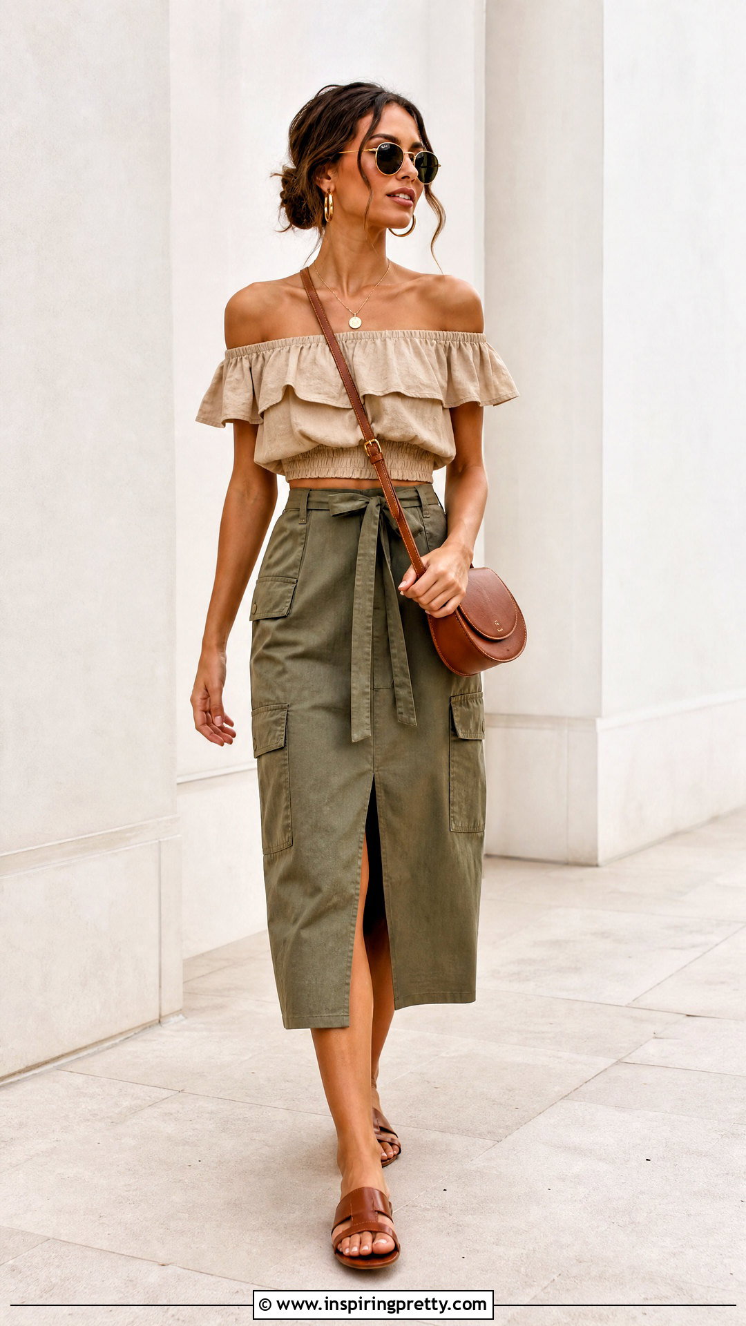 Beige Off Shoulder Ruffle Crop Top With Utility Midi Skirt - 25 off shoulder ruffle crop top outfit ideas