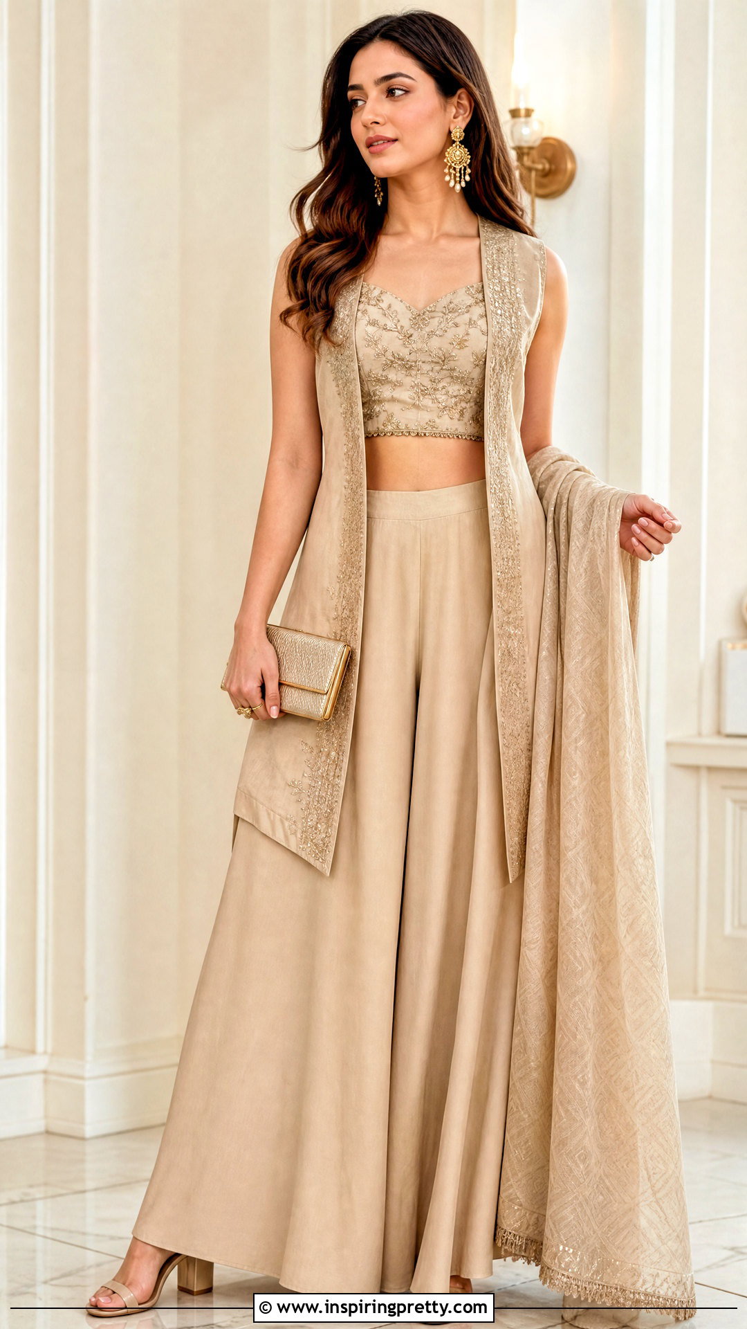 Beige Palazzo With Jacket Crop Top And Dupatta - 20 plazzo with crop top and dupatta outfit ideas