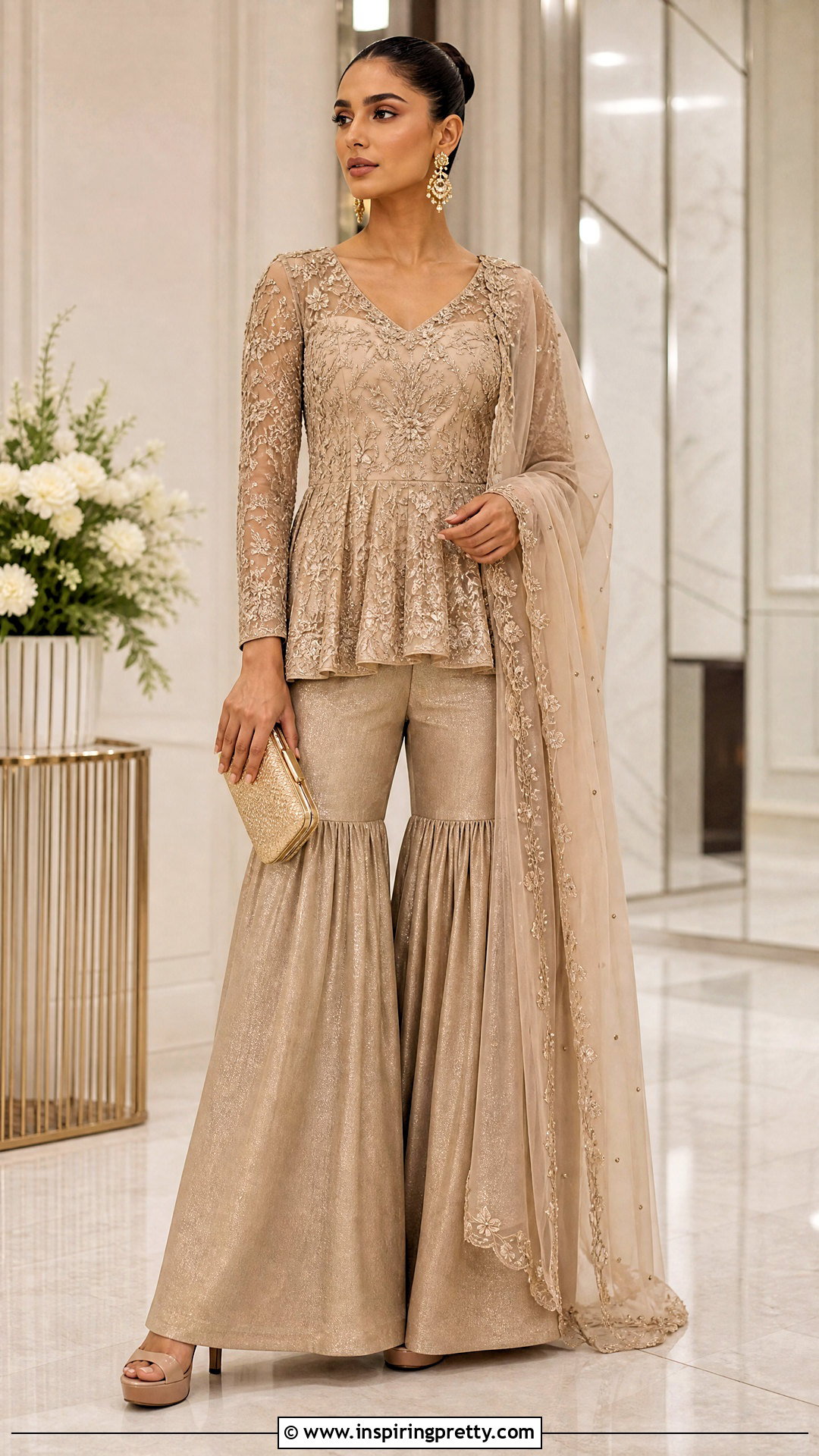 Beige Peplum Top With Metallic Sharara - 50 peplum top with sharara outfit ideas