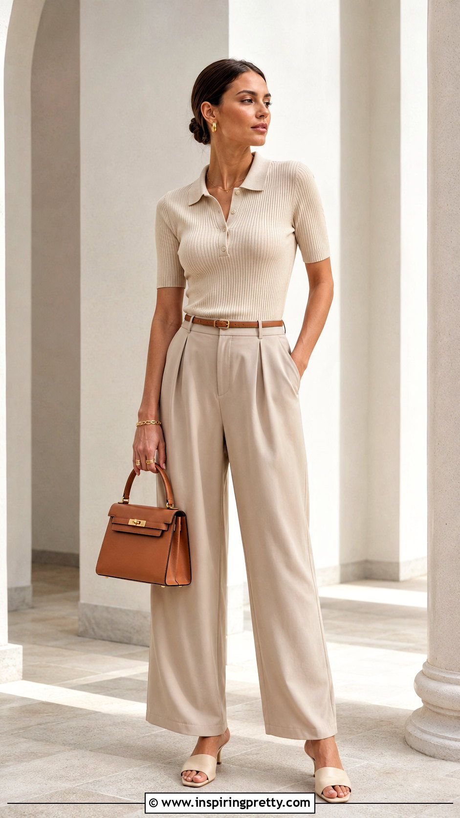 Beige Polo Top With Matching Trousers And Mules - 50 polo top outfit women