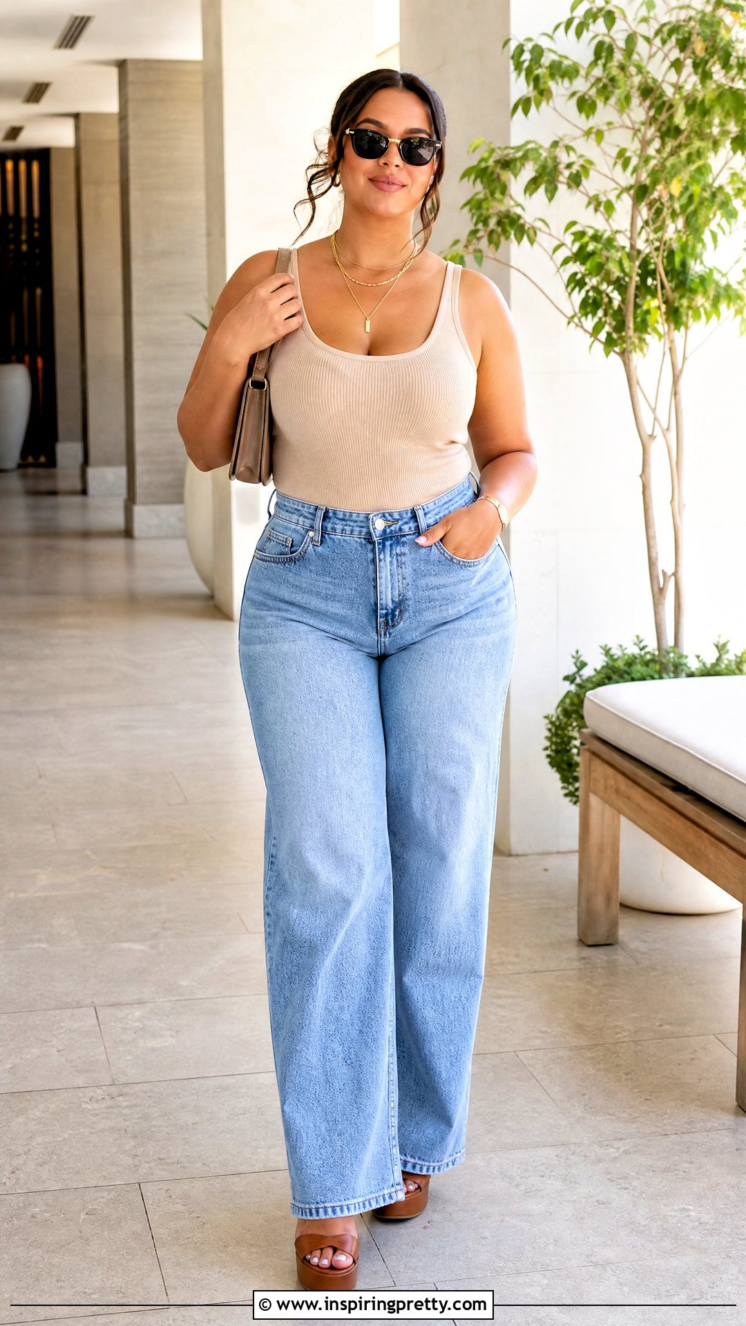 Beige Ribbed Tank With Wide Leg Jeans - 50 beige top and jeans outfit ideas