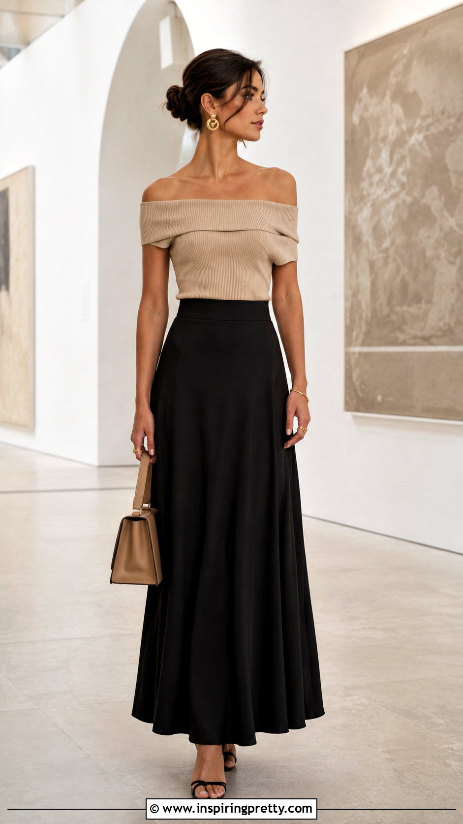 Beige Shoulderless Top With Black Maxi Skirt - 50 shoulderless top outfit ideas