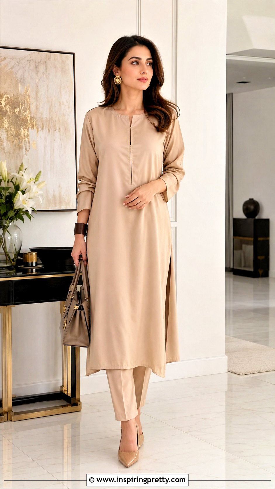 Beige Silk Tunic And Slim Pants Set - 25 silk top and bottom set outfit ideas