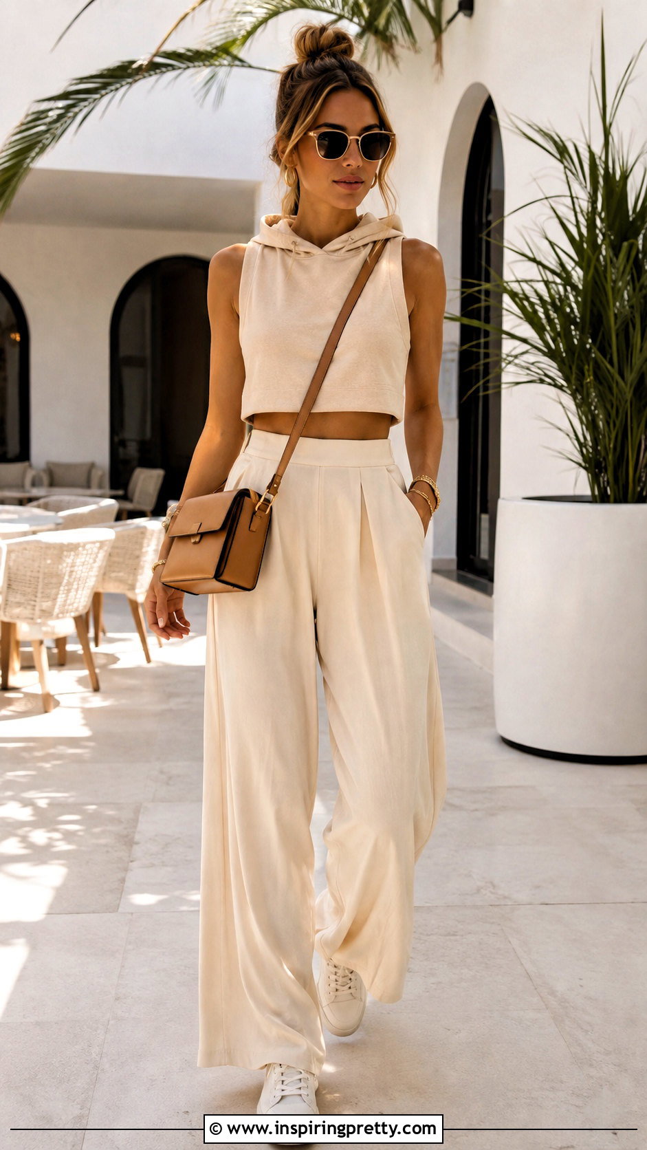 Beige Sleeveless Hooded Crop Top With Wide Leg Pants - 25 sleeveless hooded crop top outfit ideas