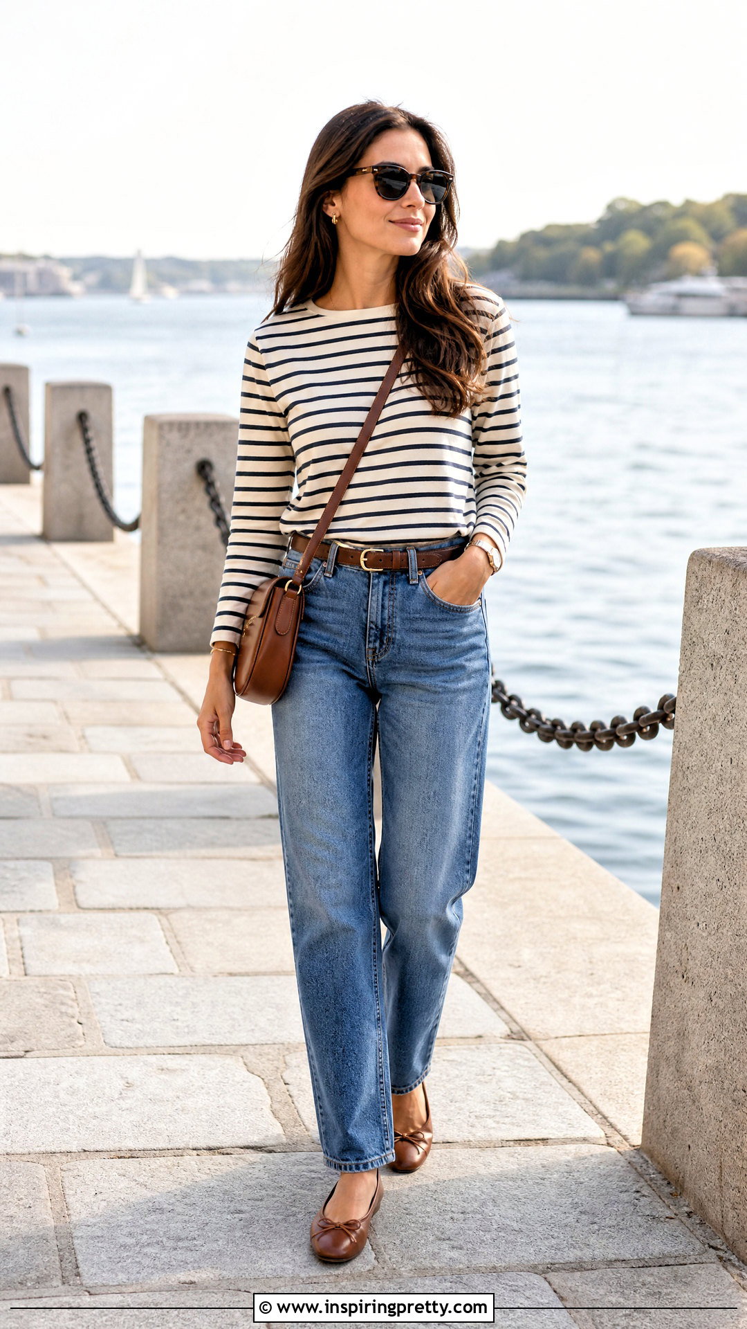 Beige Striped Top With Straight Jeans - 50 beige top and jeans outfit ideas