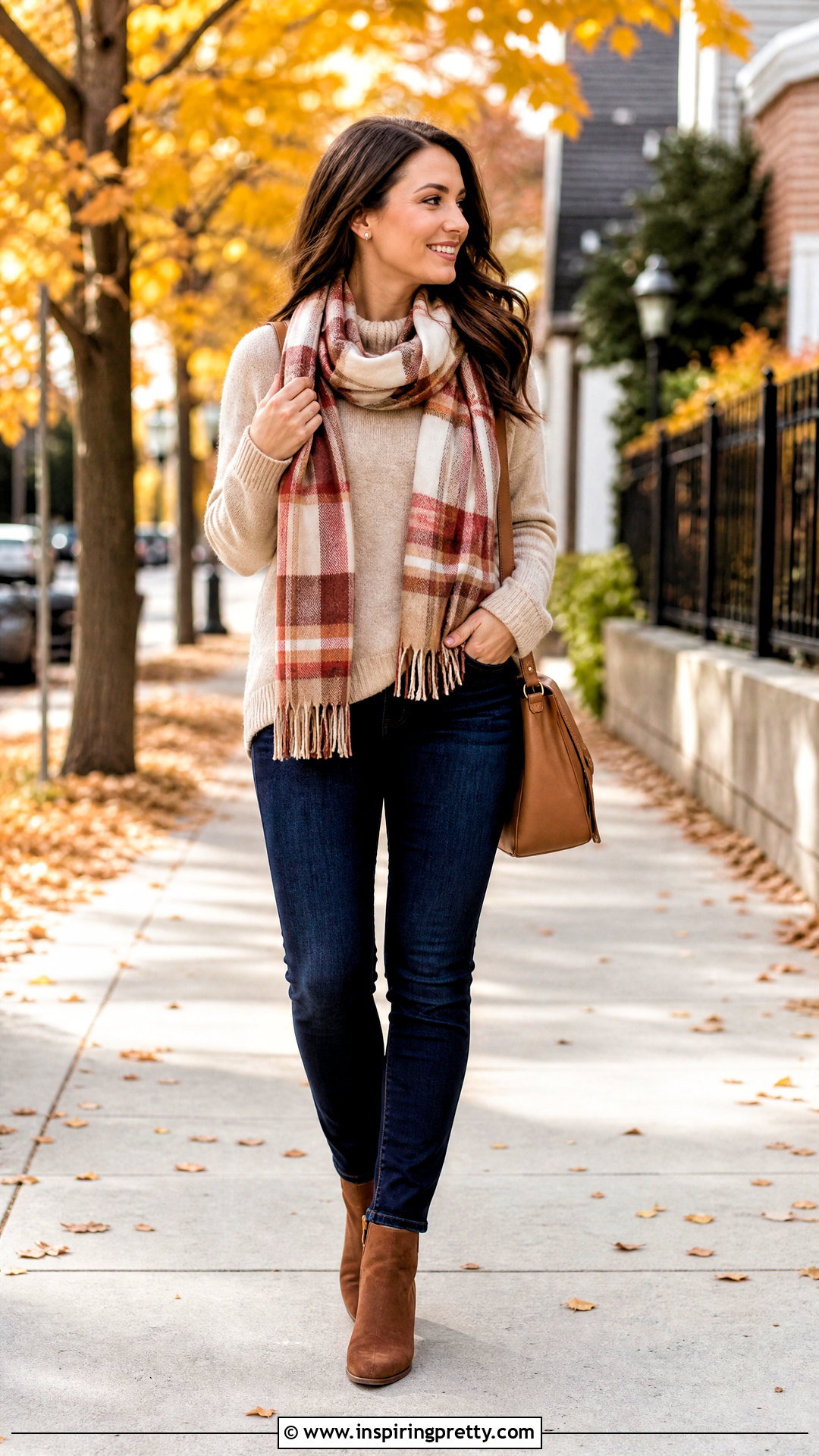 Beige Sweater With Plaid Scarf Outfit - 50 top with scarf outfit ideas