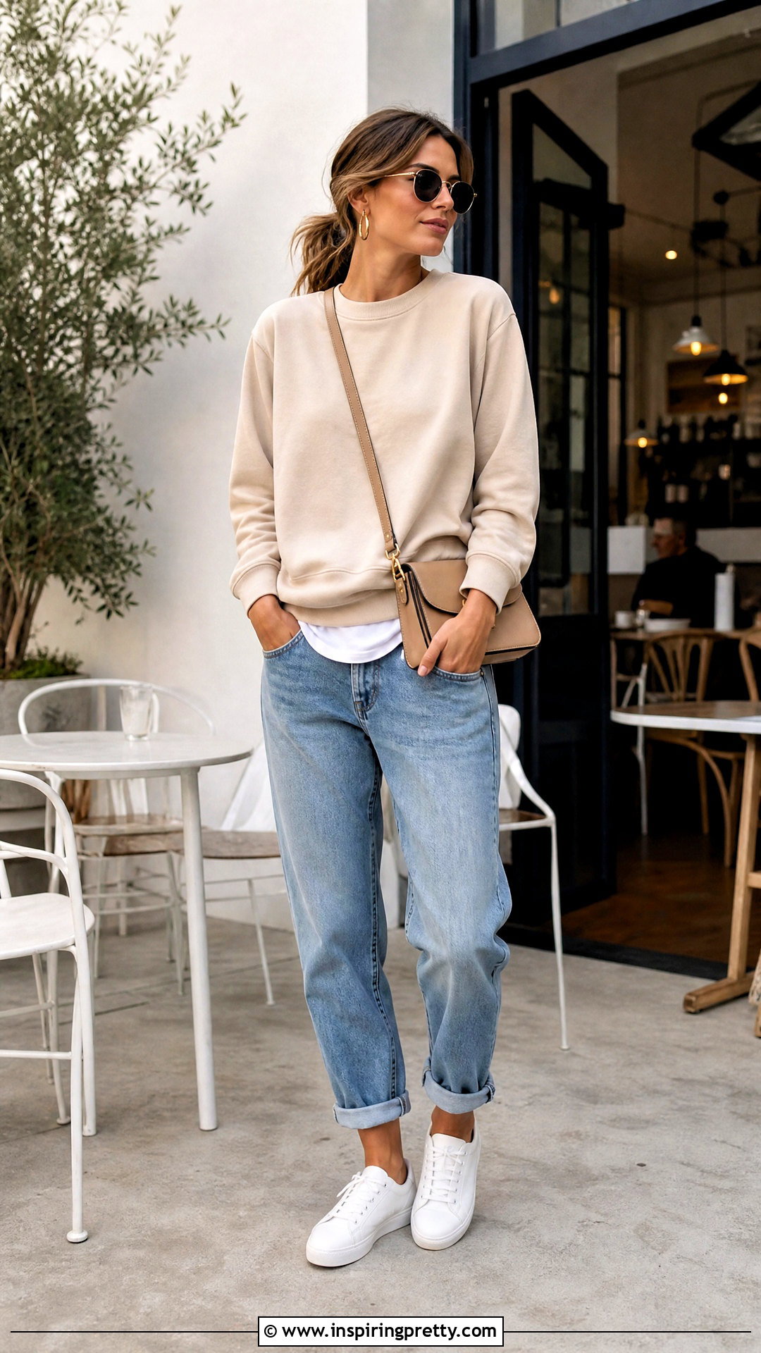 Beige Sweatshirt With Boyfriend Jeans - 50 beige top and jeans outfit ideas