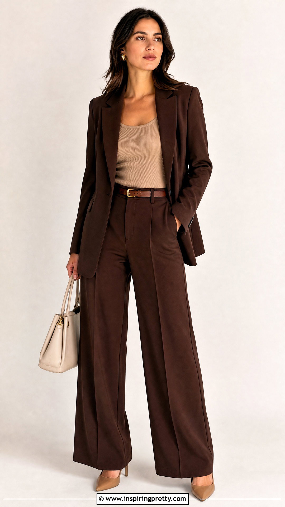 Beige Tank Top Under Chocolate Brown Suit Outfit - 25 tank top under suit outfit ideas