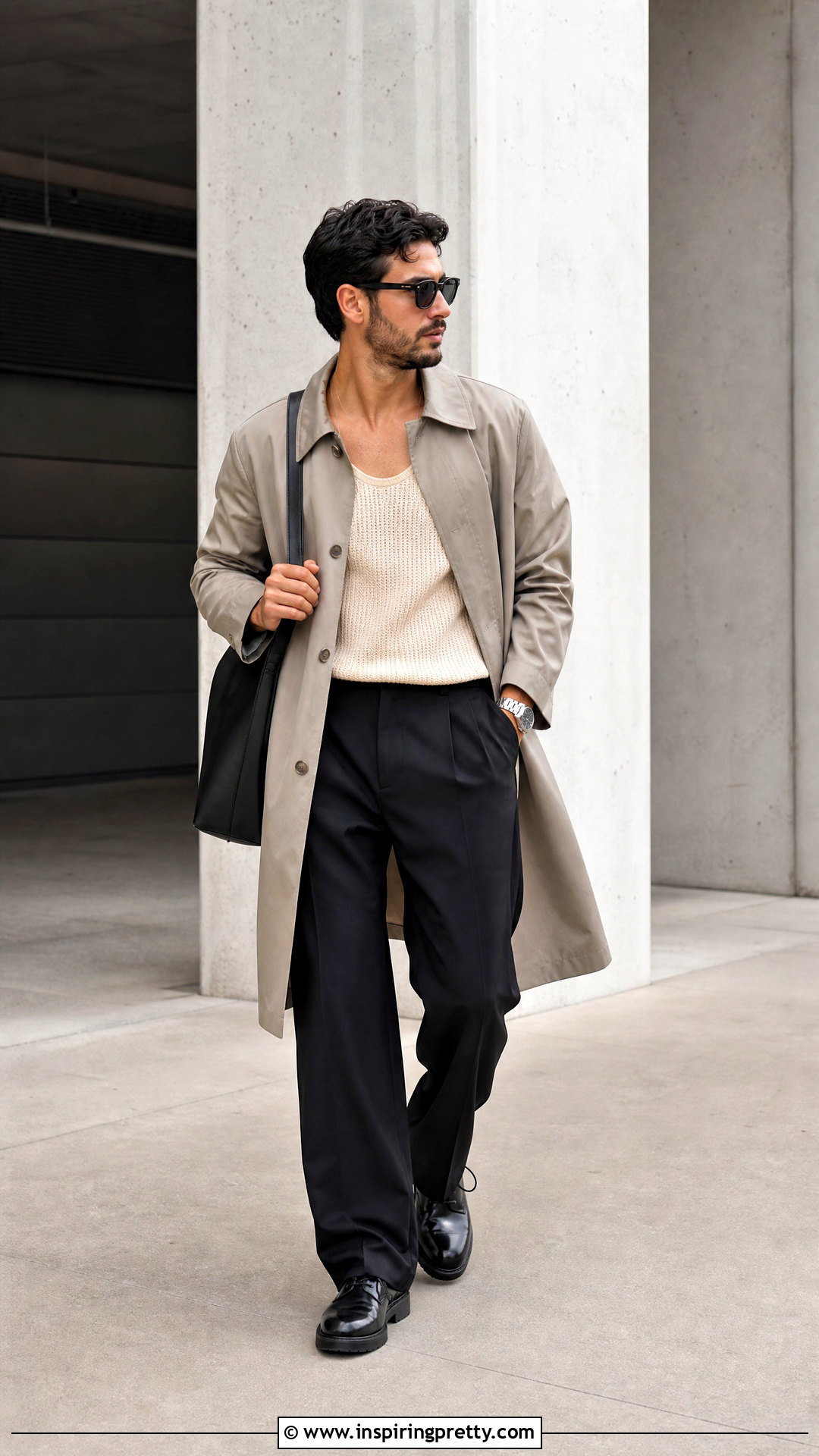 Beige Tank Top With Black Dress Pants And Trench Coat - 25 Tank Top And Dress Pants Men