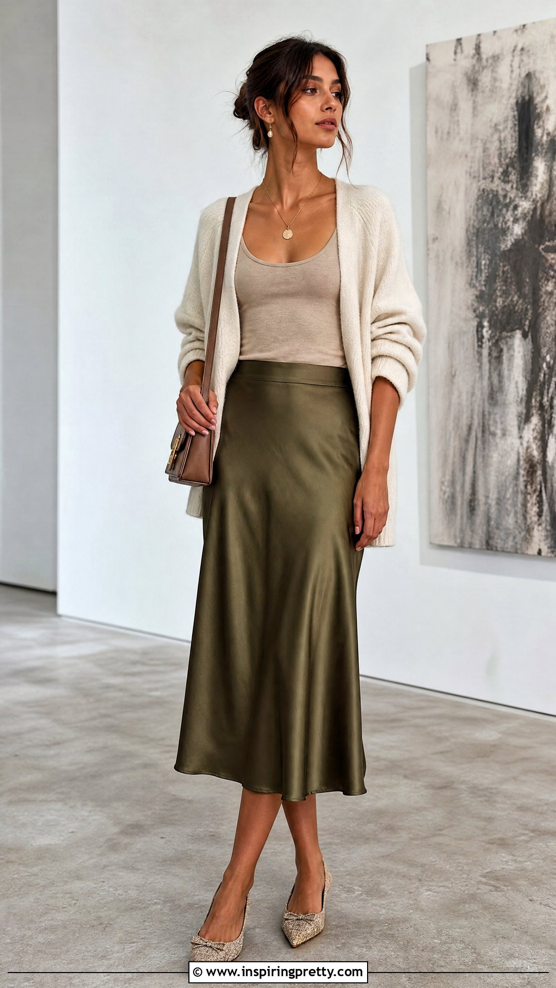 Beige Tank Top With Knit Cardigan And Satin Skirt - 50 beige tank top outfit ideas