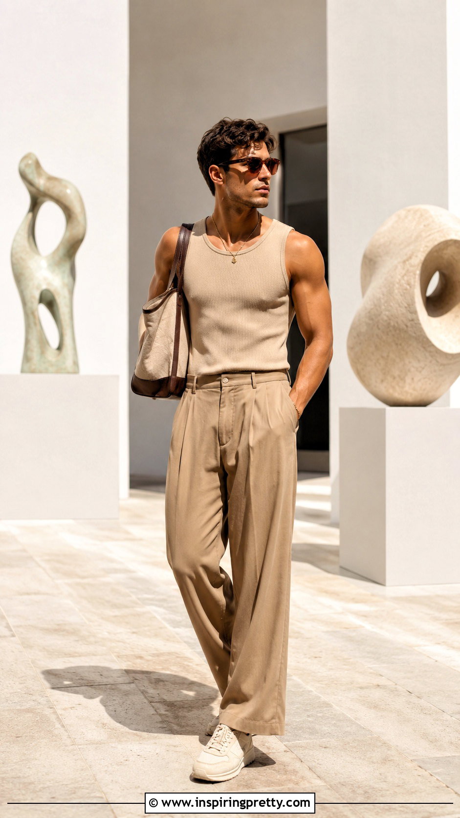 Beige Tank Top With Matching Trousers - 20 men tank top aesthetic outfit ideas