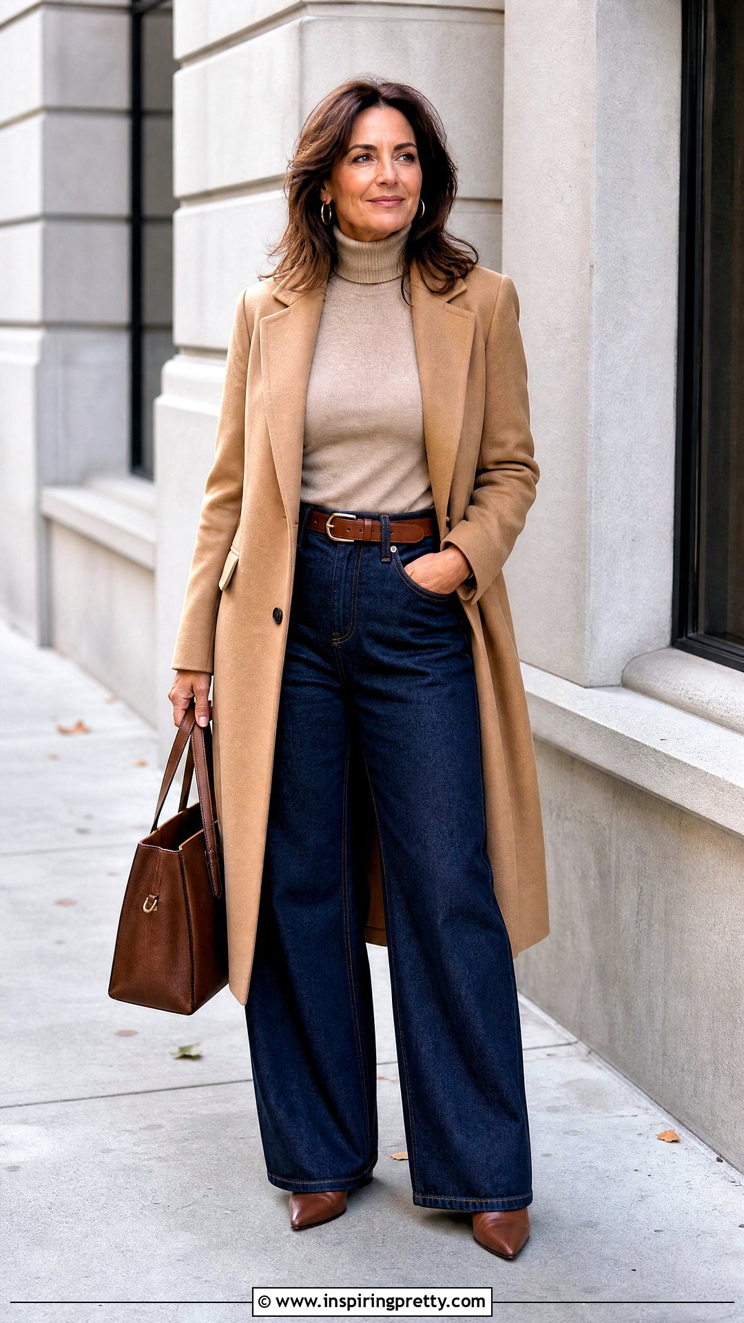 Beige Turtleneck With Wide Leg Jeans - 50 beige top and jeans outfit ideas
