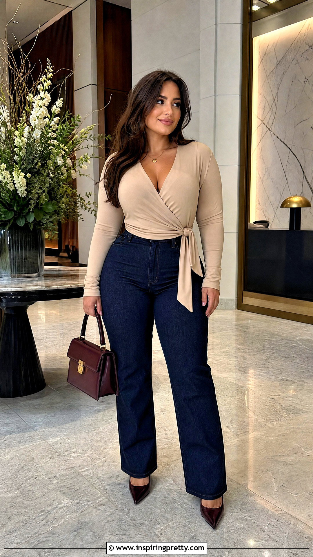 Beige Wrap Top With Dark Wash Jeans - 50 beige top and jeans outfit ideas