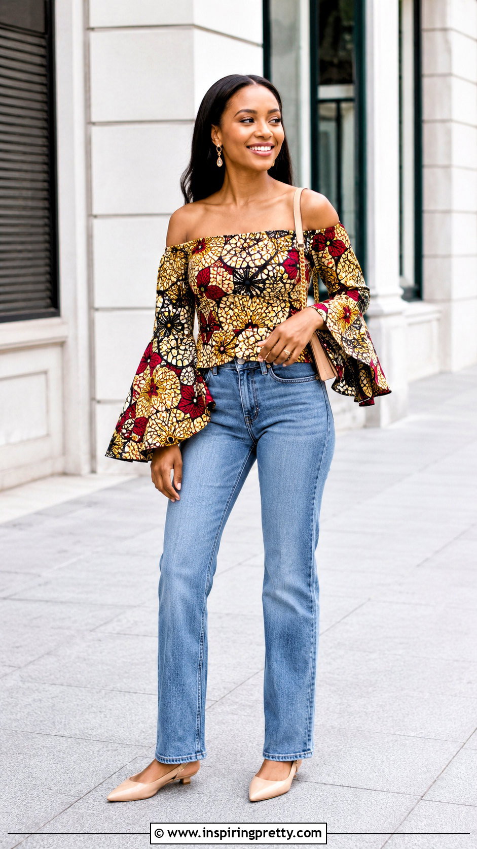 Bell Sleeve Ankara Off Shoulder Top With Straight Leg Jeans - 20 ankara tops with jeans off shoulder outfits