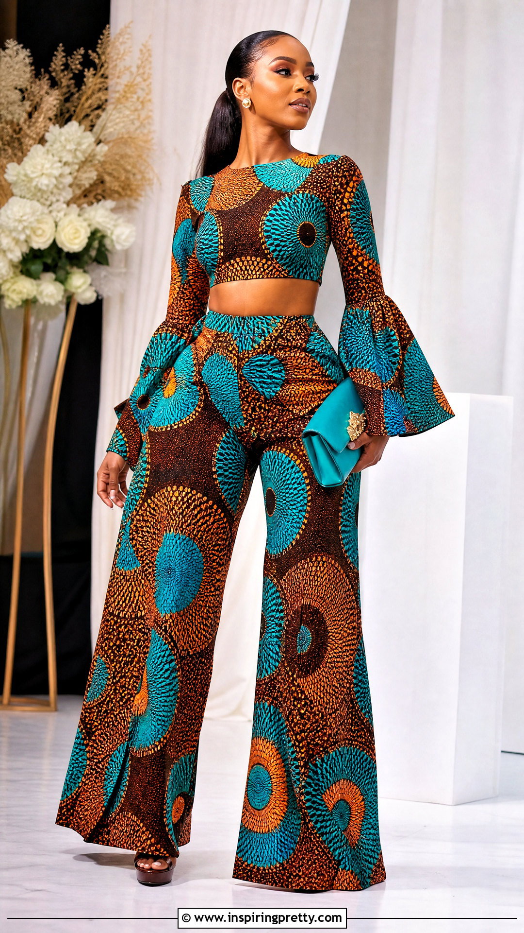 Bell Sleeve Ankara Palazzo Trouser And Crop Top - 50 Ankara Palazzo Trouser And Crop Top outfit ideas