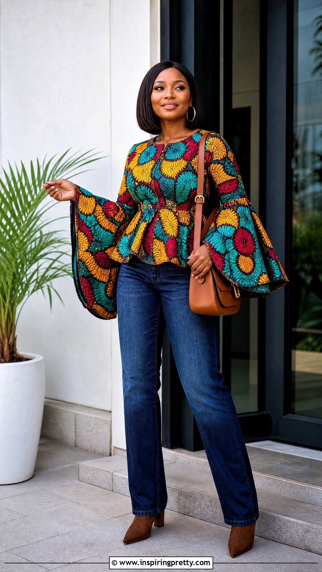 Bell Sleeve Ankara Peplum Top With Straight Jeans - 20 pepulam tops ankara ideas