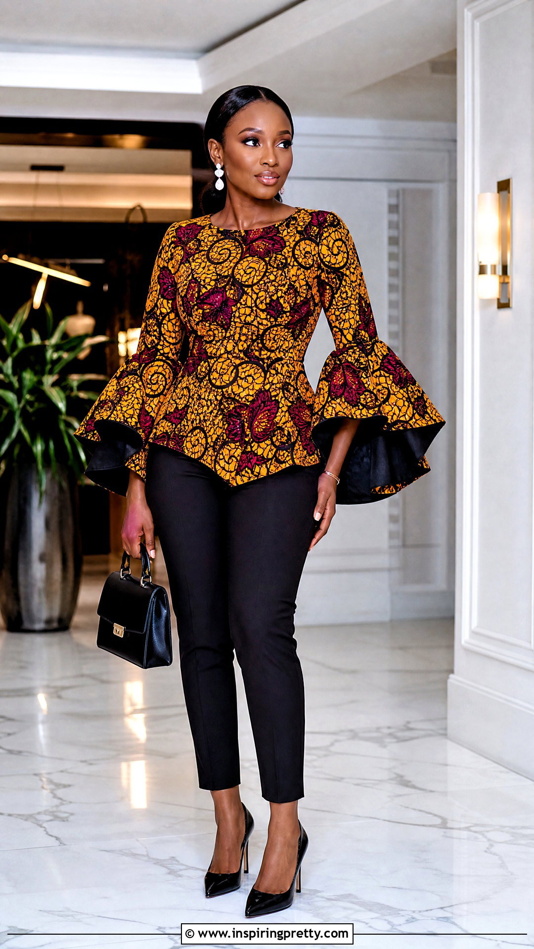 Bell Sleeve Ankara Top With Black Trousers - 50 cute ankara tops outfit ideas