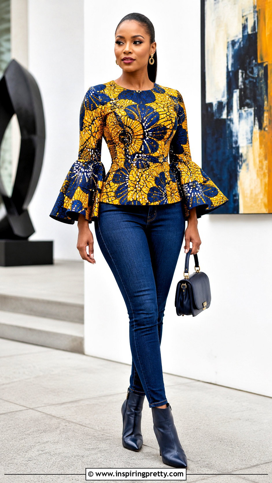 Bell Sleeve Ankara Top With Skinny Jeans - 50 Simple Ankara Tops With Jeans