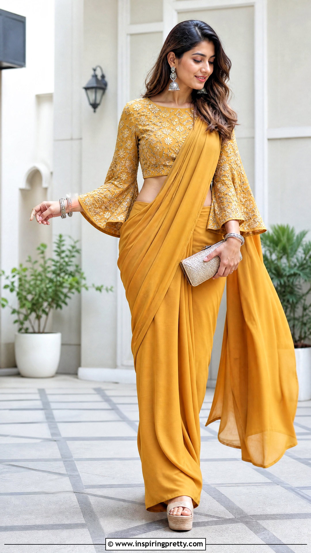 Bell Sleeve Crop Top Blouse With Plain Saree - 20 crop top blouse for saree outfit ideas