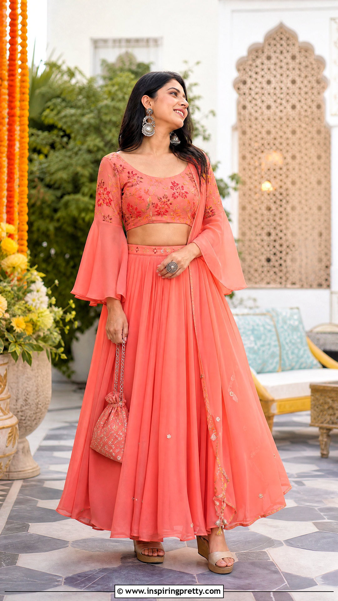 Bell Sleeve Crop Top Lehenga - 50 lehenga blouse designs crop tops outfit ideas