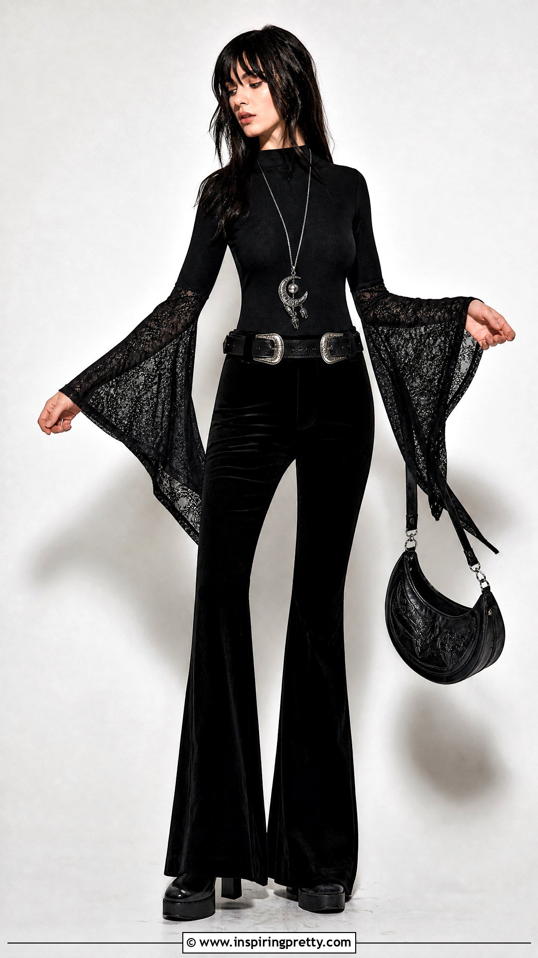 Bell Sleeve Goth Top With Flared Pants - 50 goth tops outfit ideas