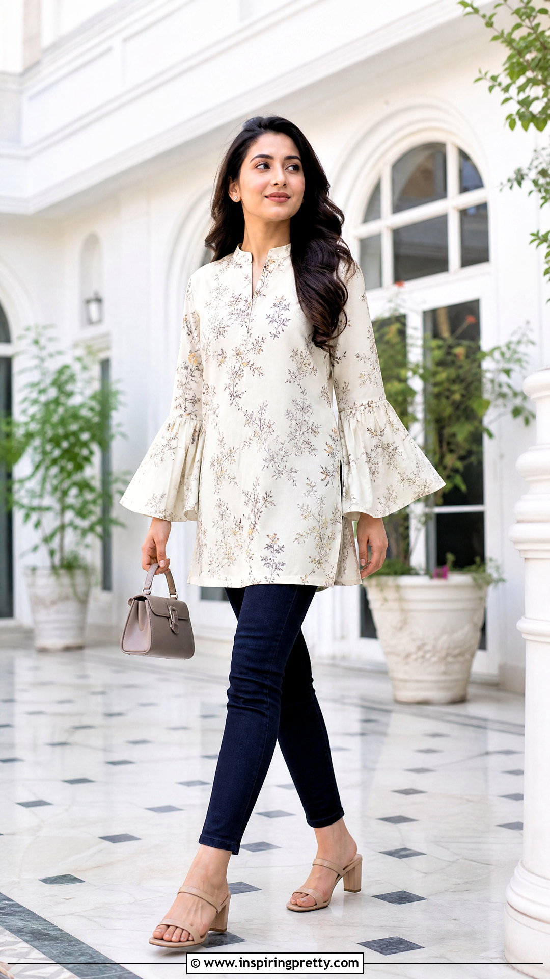 Bell Sleeve Kurti With Slim Jeans - 50 kurti tops for jeans