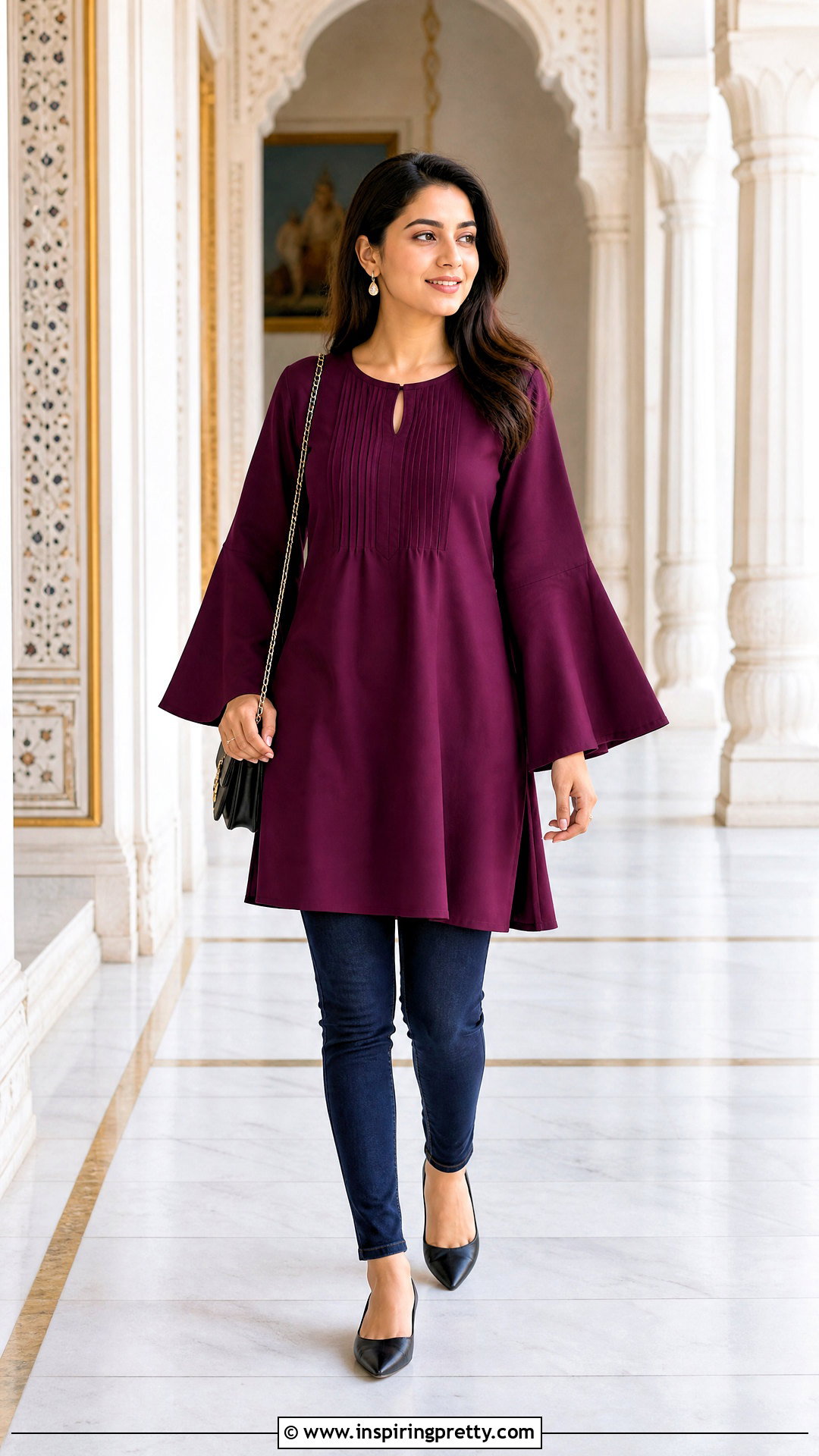 Bell Sleeve Kurti With Slim Jeans - 50 jeans tops indian style for women