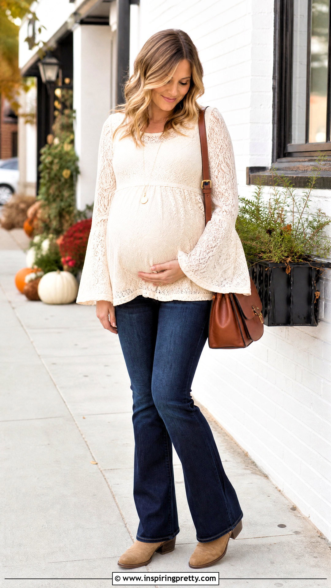 Bell Sleeve Lace Maternity Top With Bootcut Jeans - 20 Lace Maternity Top outfit ideas