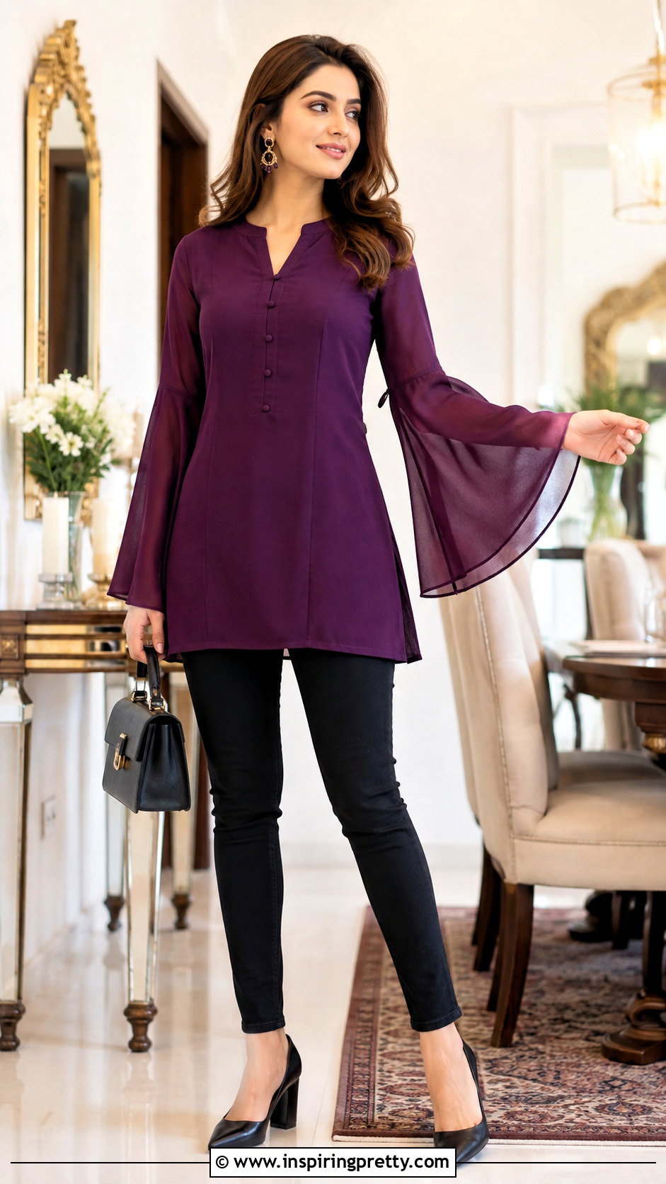 Bell Sleeve Short Kurti With Skinny Jeans - 50 short kurti tops for jeans