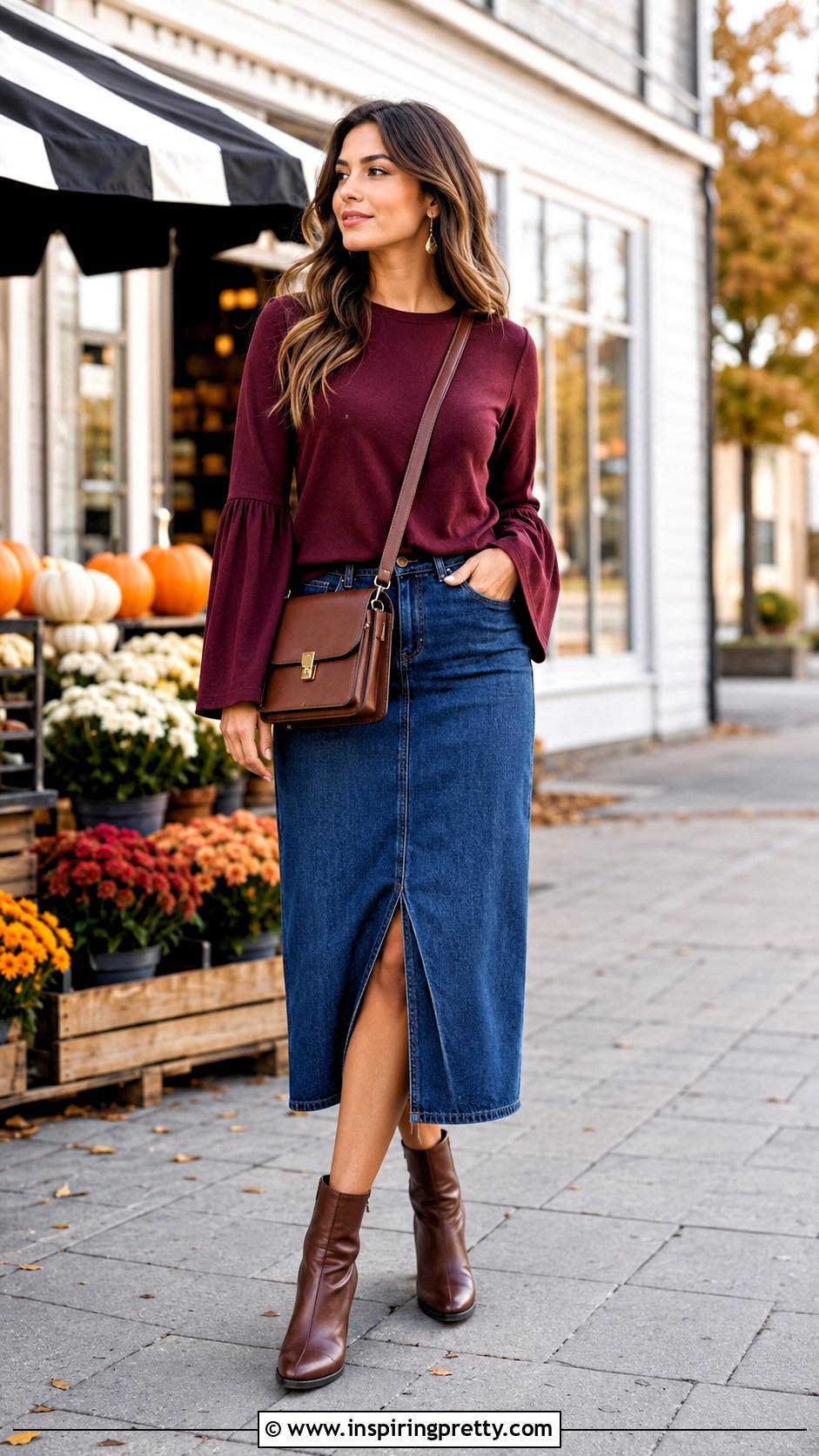 Bell Sleeve Sunday Top With Midi Jeans Skirt - 50 sunday top design