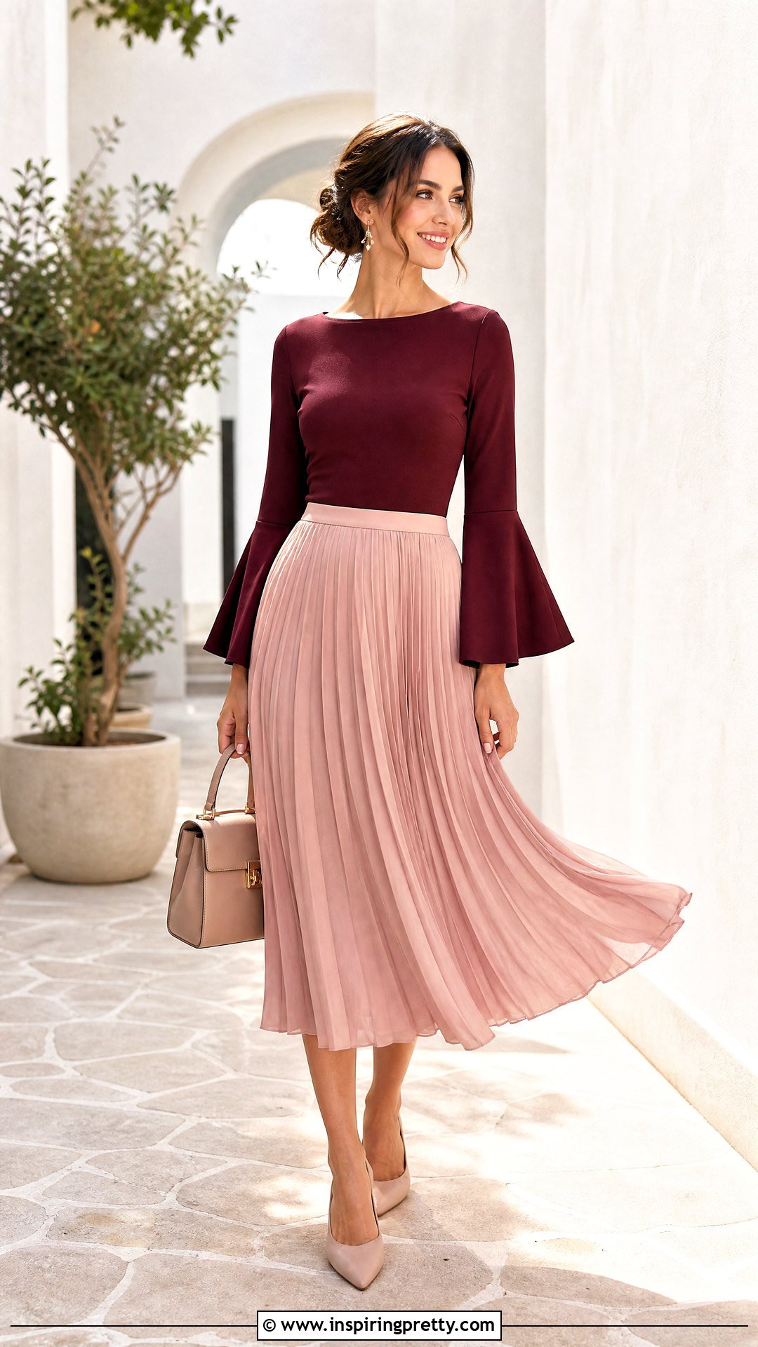 Bell Sleeve Top With Pleated Midi Skirt - What To Wear With Bell Sleeve Top (20 Ways)