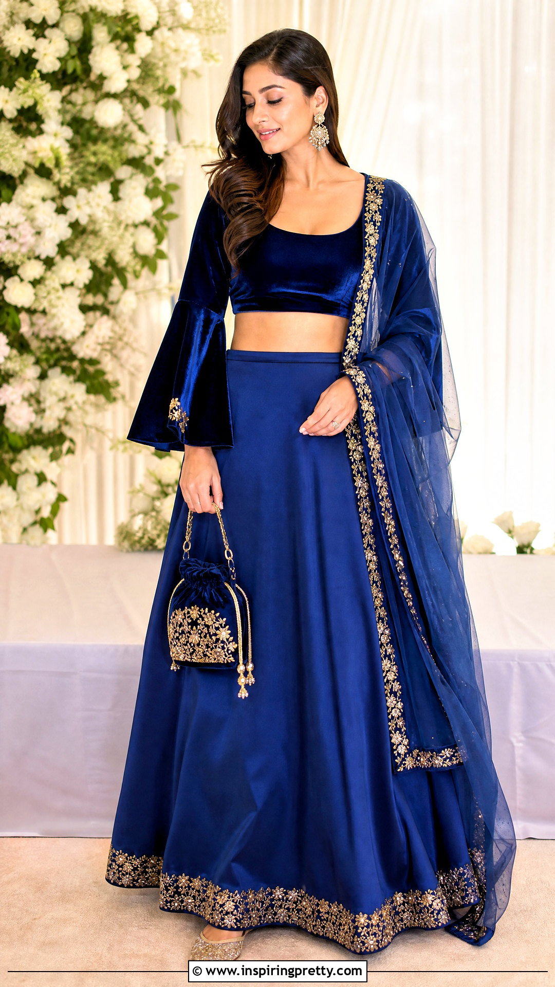 Bell Sleeve Velvet Crop Top With Simple Lehenga - 50 velvet crop top designs for lehengas