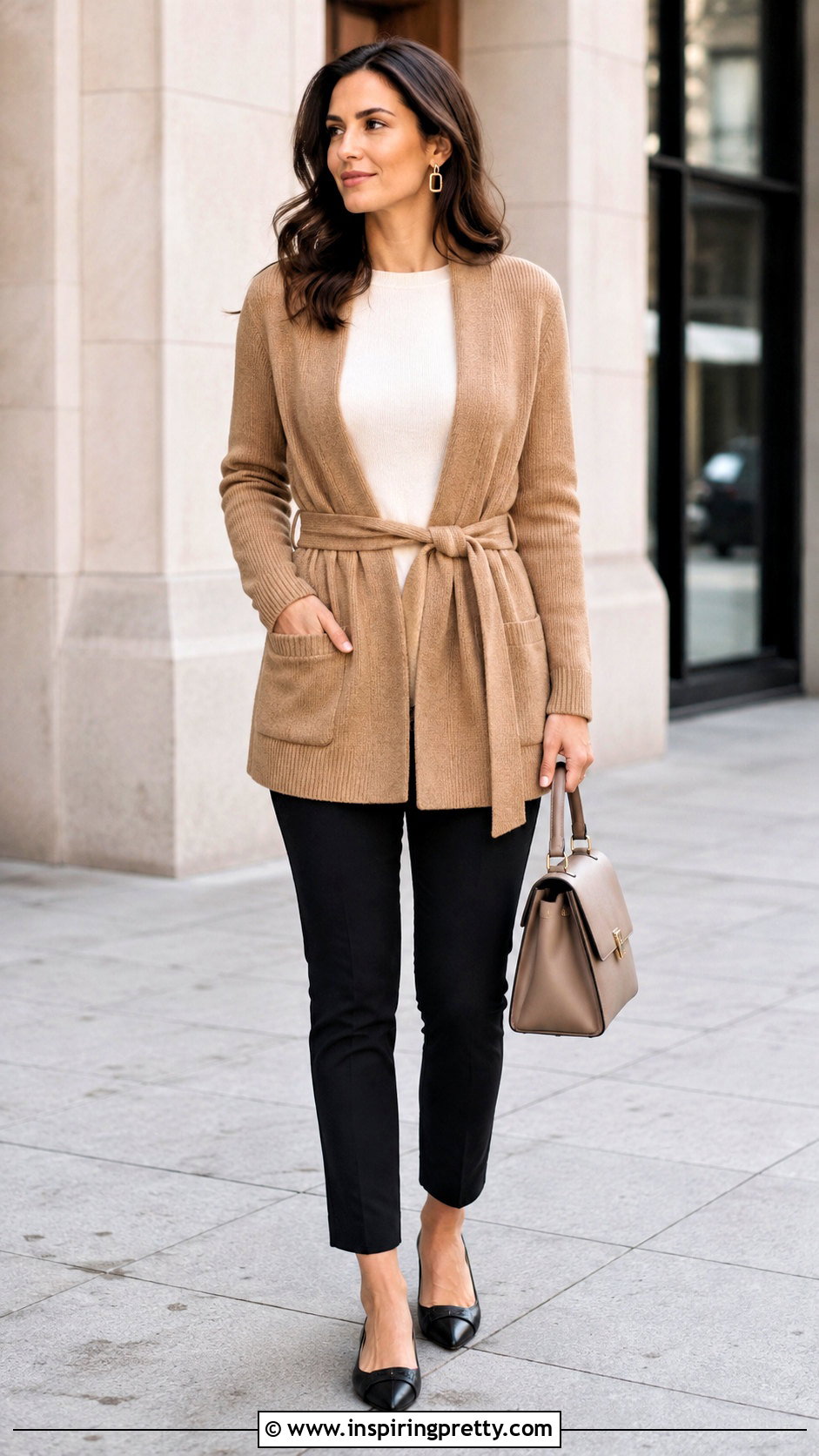 Belted Cardigan With Slim Pants - 25 cardigan sweater top outfit ideas