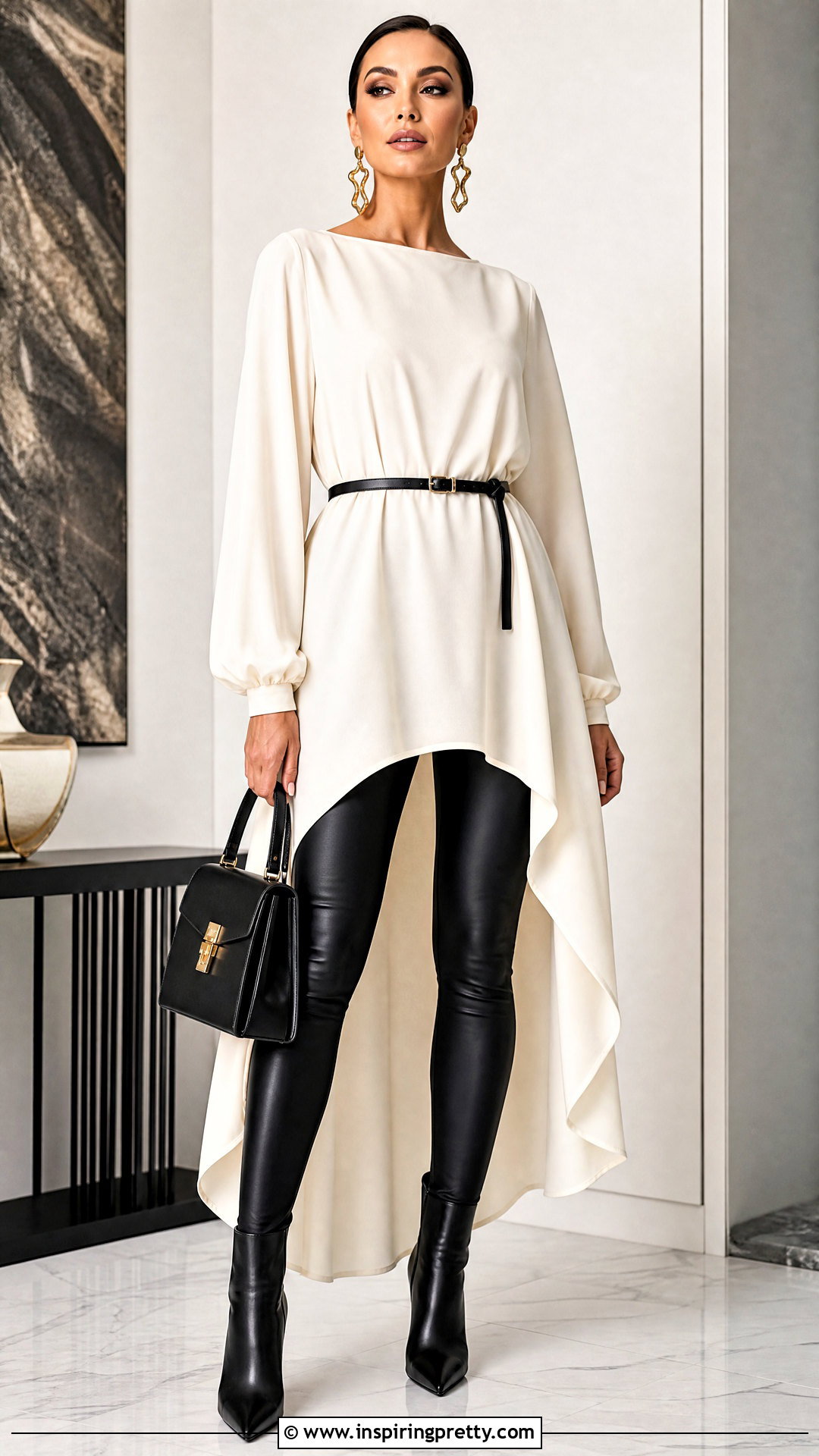 Belted Hi Lo Tunic Top With Leather Leggings - 20 Hi Lo Tunic Tops outfit ideas