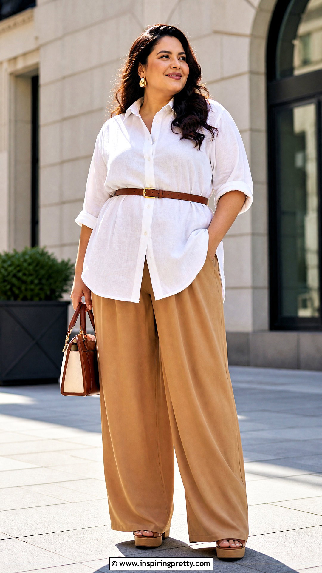 Belted Linen Shirt With Wide Leg Pants - 50 linen top outfit ideas