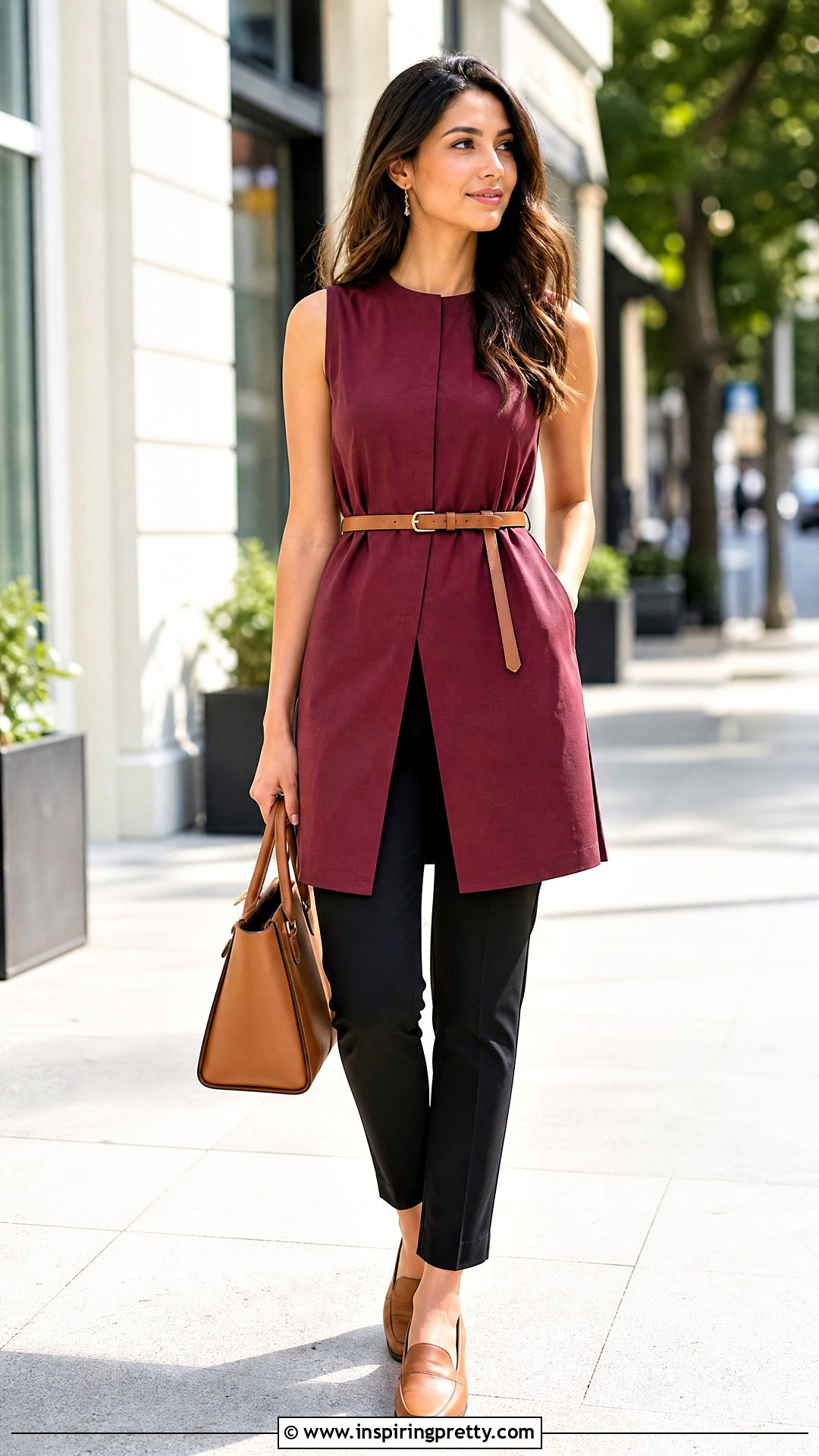 Belted Long Sleeveless Tunic Top With Ankle Pants - 20 Long Sleeveless Tunic Tops outfit ideas