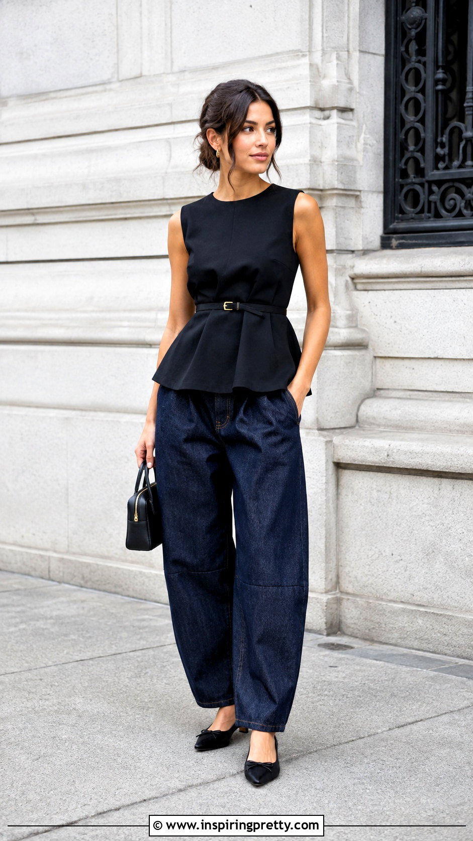 Belted Peplum Top With Barrel Leg Jeans - 25 belted peplum top outfit ideas