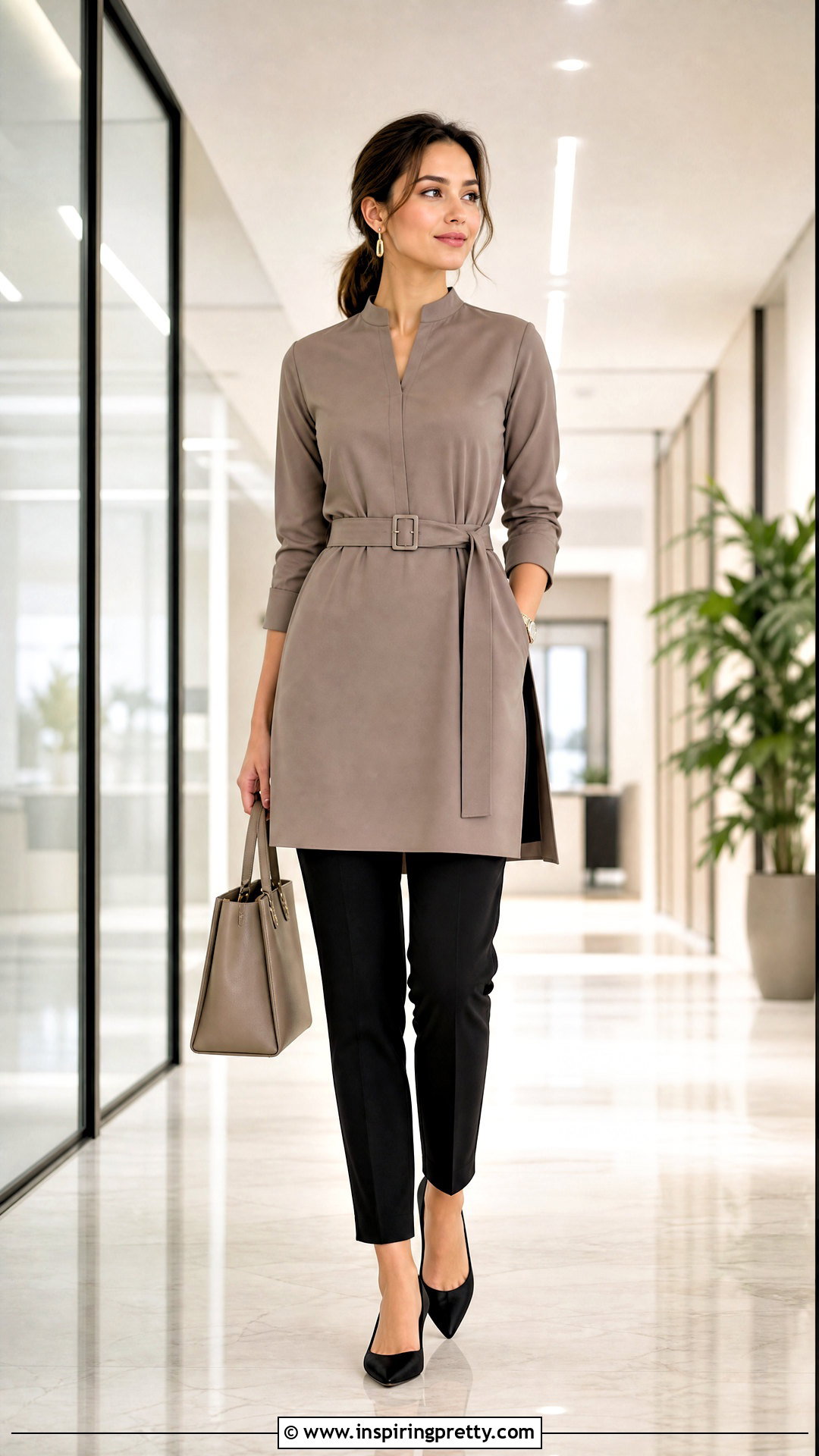 Belted Tunic And Cigarette Pants Work Outfit - 20 Stylish Tops For Work Outfit Ideas