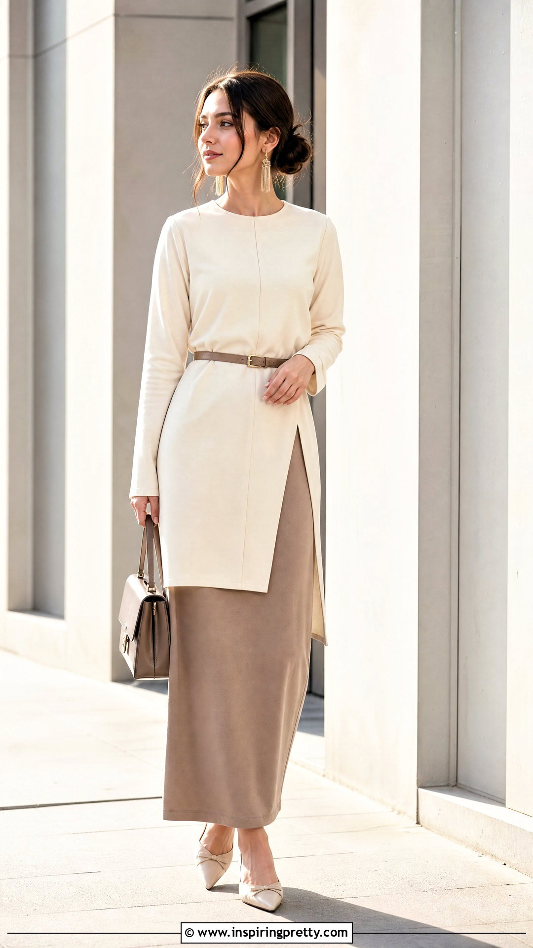 Belted Tunic Top And Straight Long Skirt Outfit - 50 long skirt and top outfits