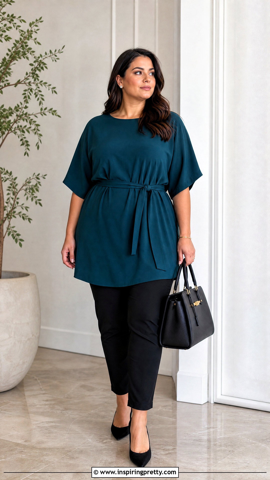 Belted Tunic Top With Slim Pants - 50 stylish tunic tops outfit ideas