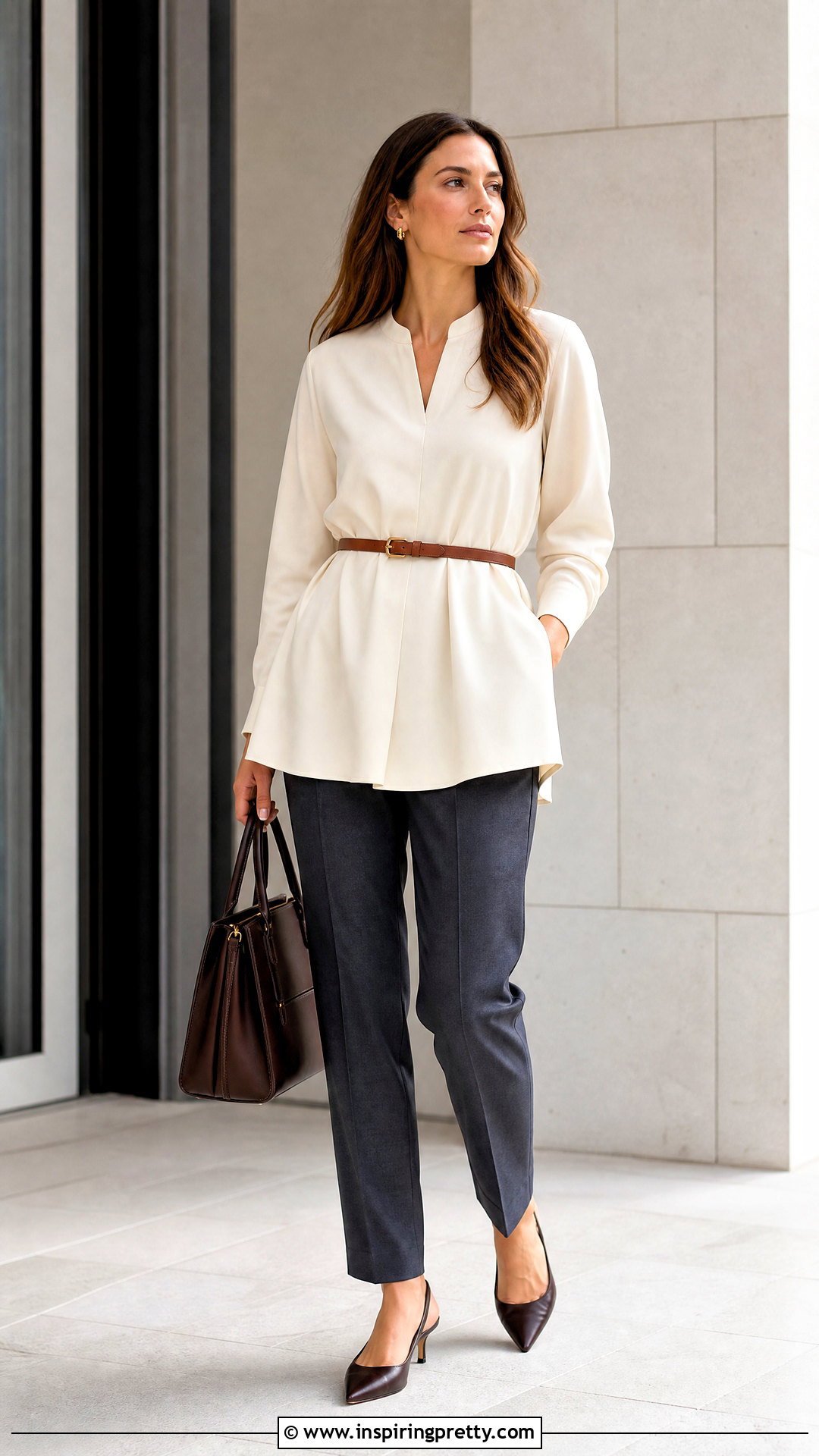 Belted Tunic With Tailored Trousers - 50 tunic tops outfit ideas