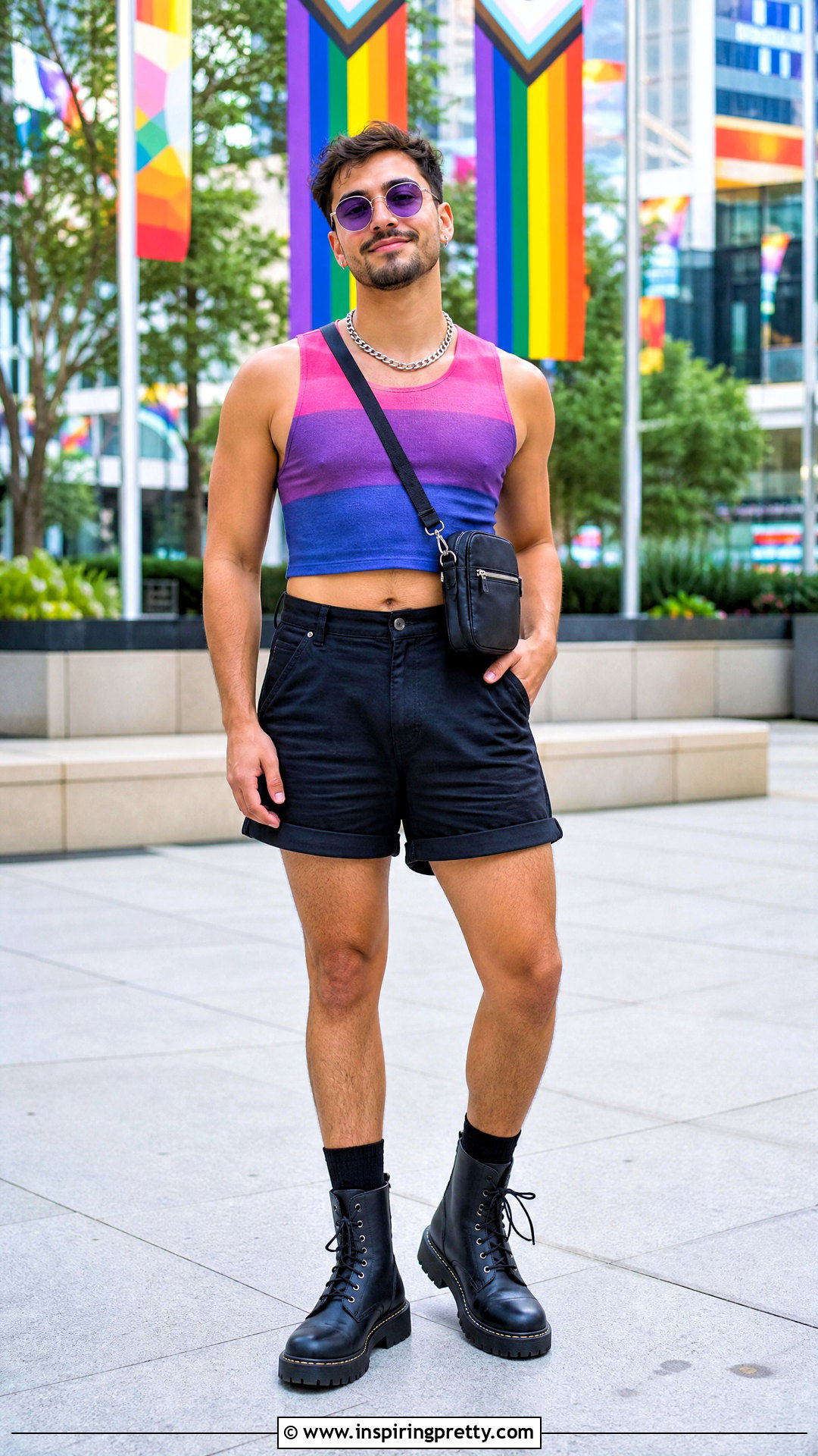 Bi Pride Crop Top With Black Shorts - 20 pride crop top men outfit ideas