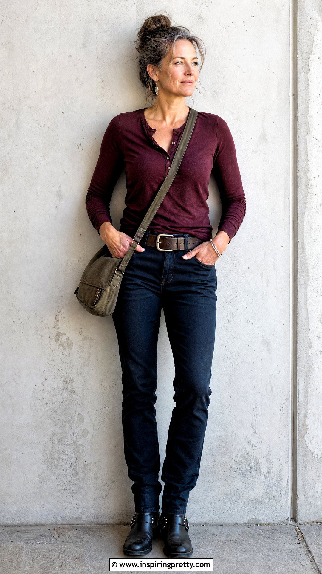 Biker Henley Top With Dark Denim - 20 womens biker tops outfit ideas
